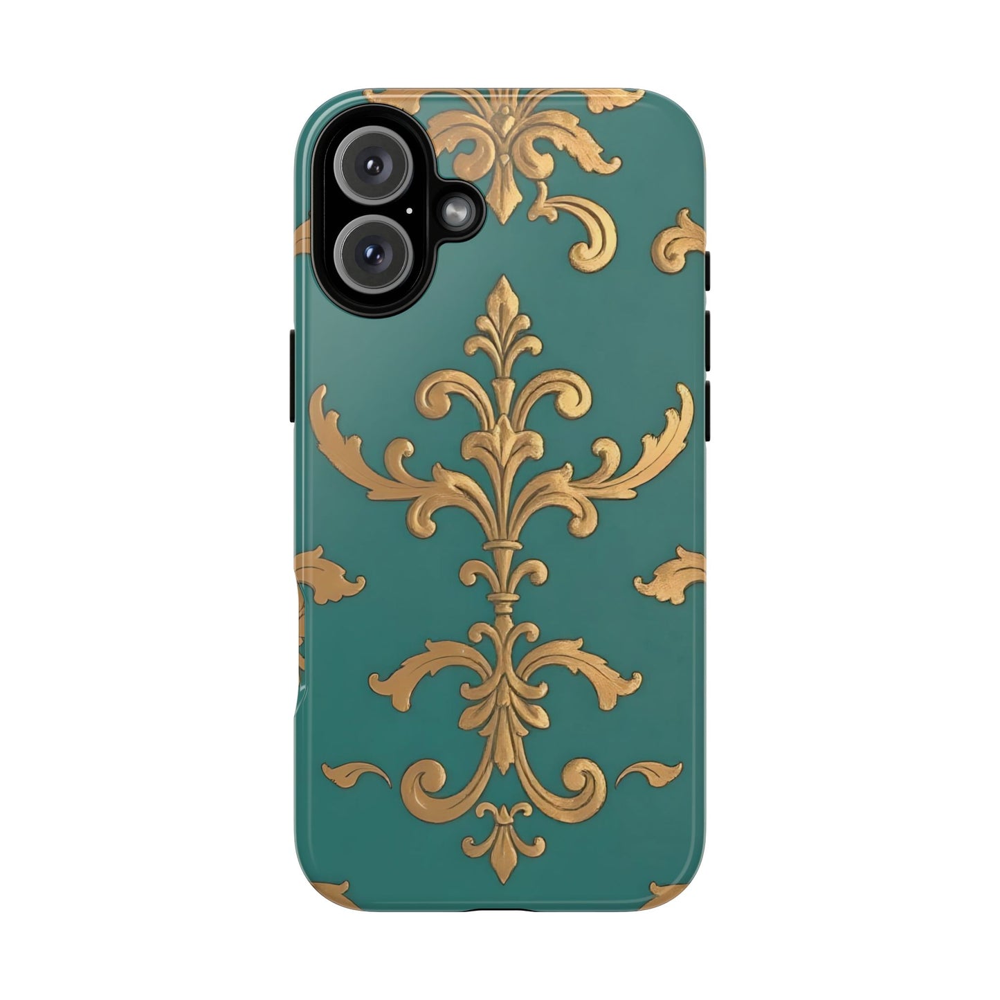 Elegant Floral Motif Phone Case - Tough Cases with Vintage Design - Aqua & Gold Damask