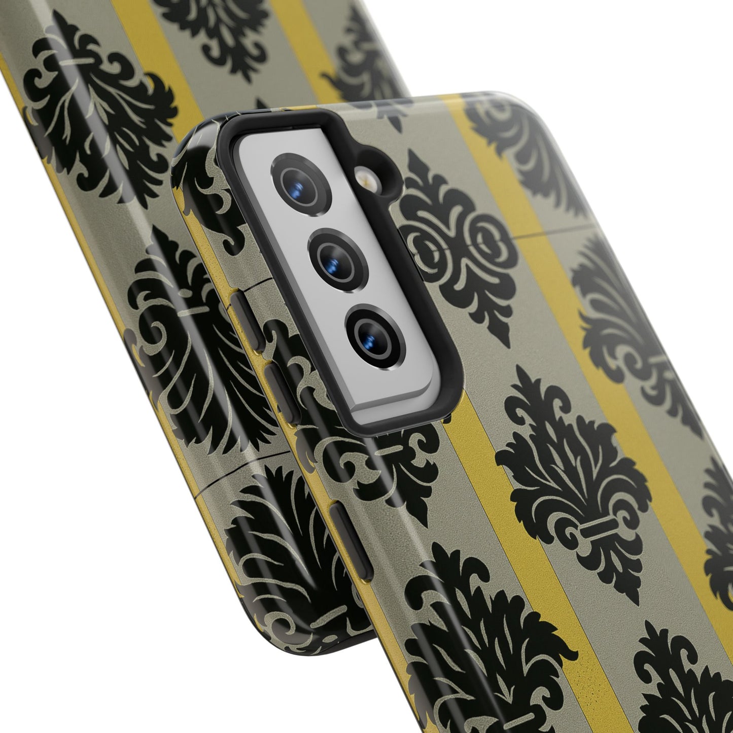 Elegant Baroque Tough Phone Cases | Chic Phone Protection | Gift for Her | Stylish Accessory | Holiday Gift Idea | Silver & Gold Striped Black Baroque