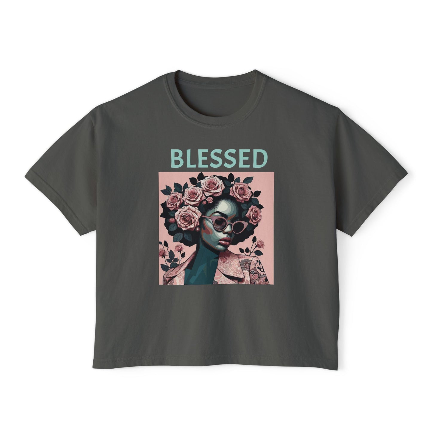 Blessed Women's Boxy Tee - Floral Graphic Shirt, Trendy Casual Top, Perfect Gift for Her, Boho Fashion, Self-Care Reminder - Mint Lettering