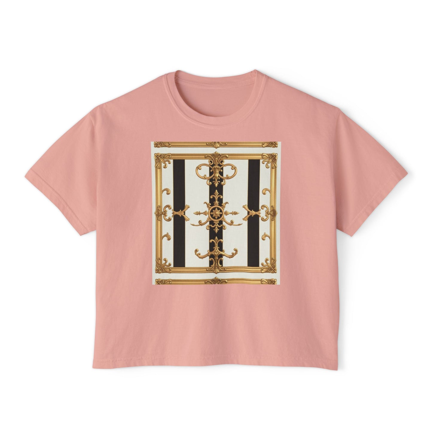 Chic Women's Boxy Tee, Stylish Graphic Shirt, Trendy Casual Top, Fashionable Everyday Wear - Black & White Striped Gold Baroque