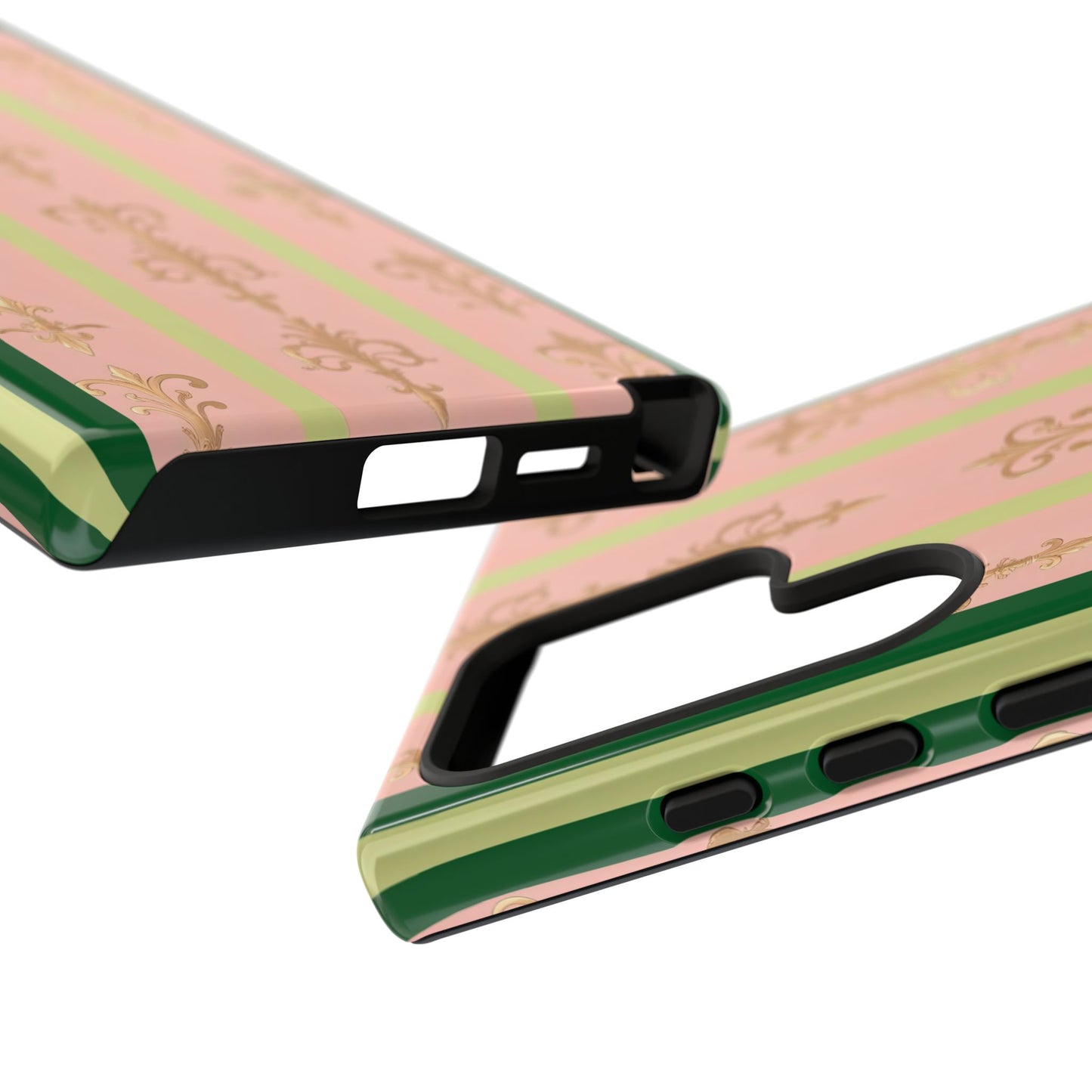 Elegant Floral Motif Phone Case - Tough Cases with Vintage Design - Lime Green & Pink Striped Damask