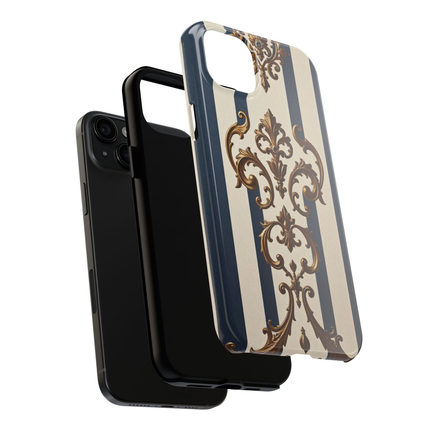 Damask Tough Phone Case - Alabaster & Blue Striped Damask