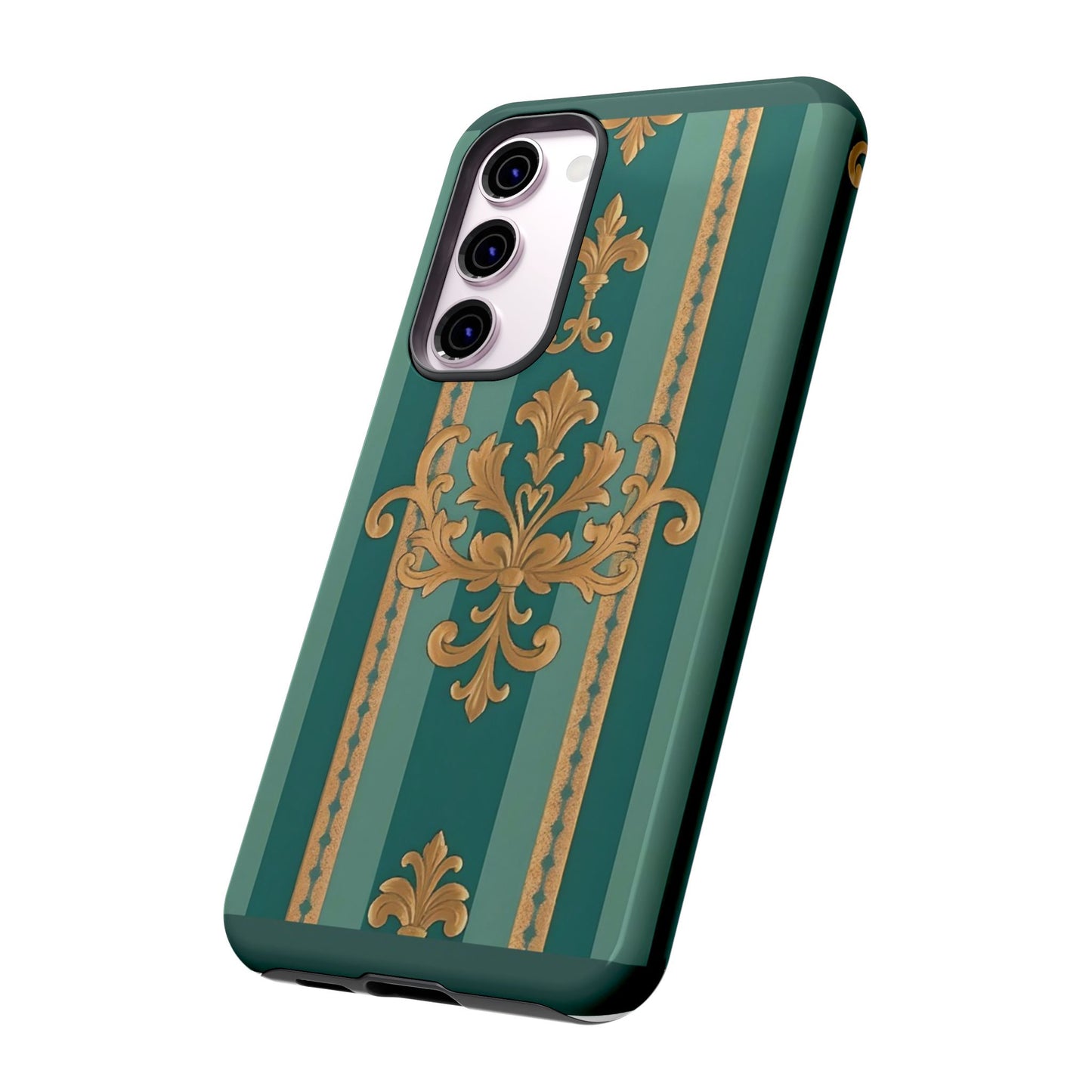 Elegant Floral Motif Phone Case - Tough Cases with Vintage Design - Teal Striped Gold Damask