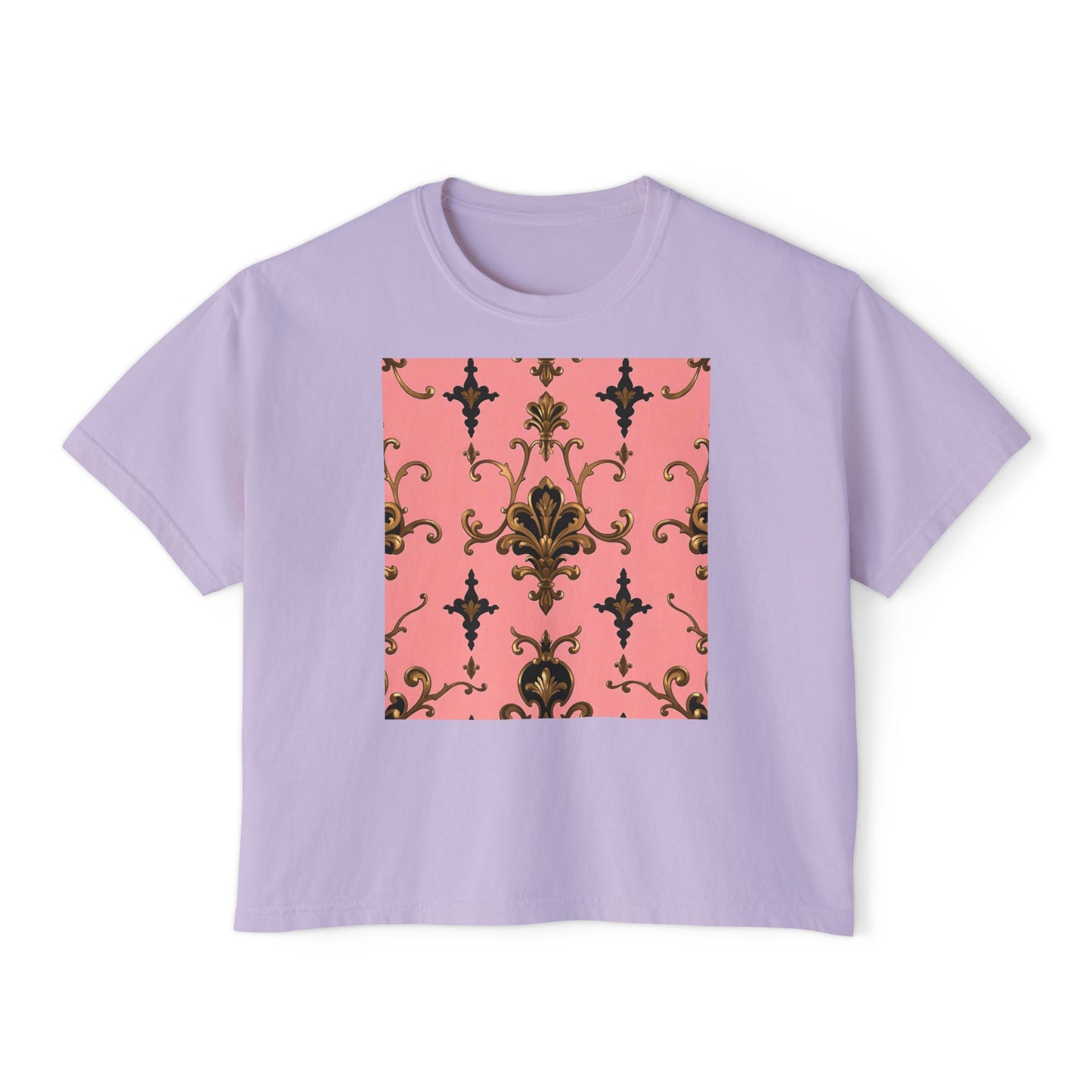 Vintage Floral Women's Boxy Tee, Casual Summer Top, Retro Fashion, Gifts for Her - Pink, Black & Gold Rococo