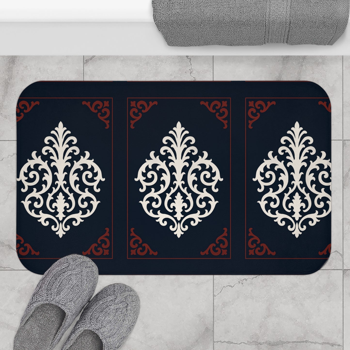 Dusk Blue-Maroon & White Baroque Bath Mat — Dusk Blue & White Ornamental Bathroom Rug