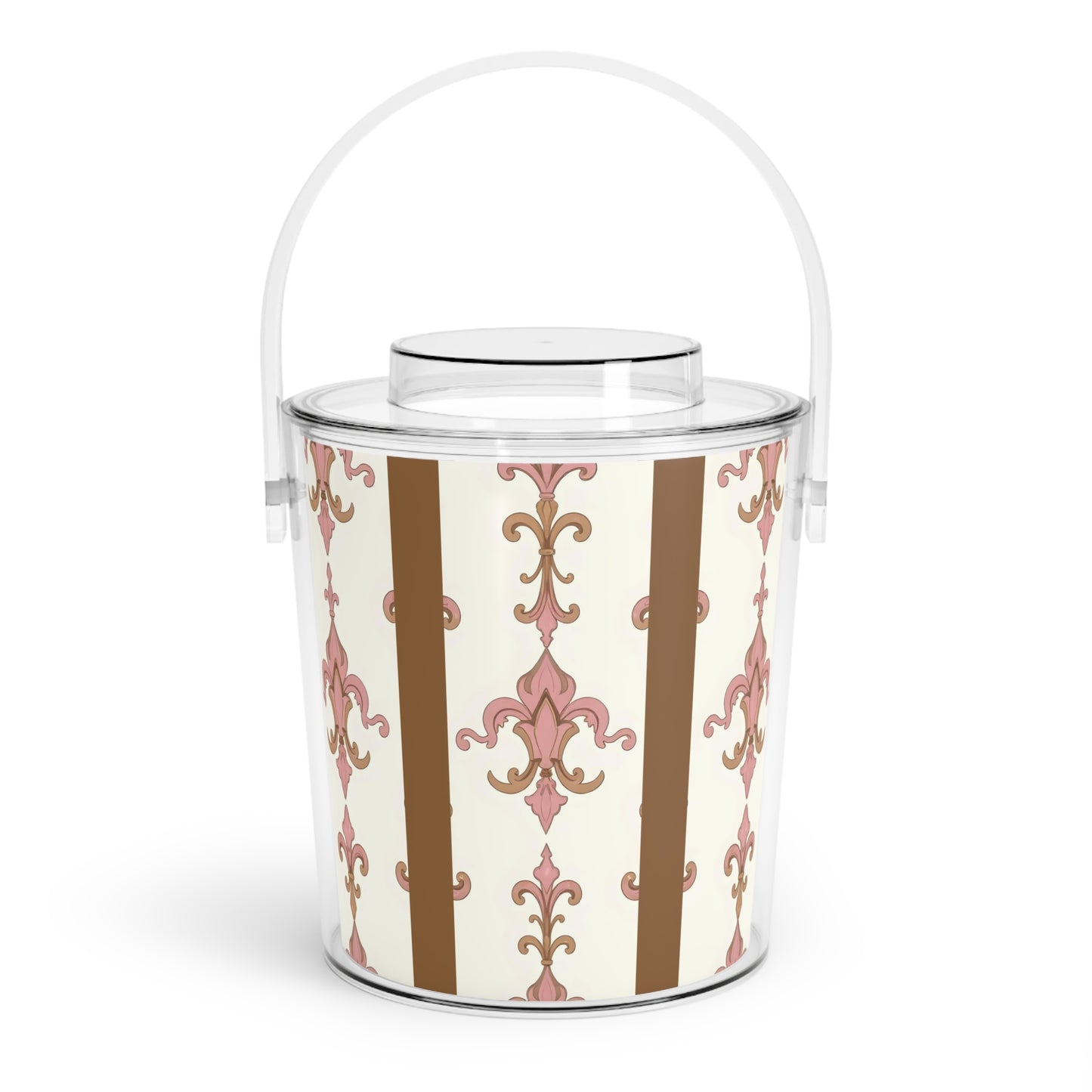 Elegant Decorative Ice Bucket with Tongs, Perfect for Parties, Weddings, Home Bars, Holiday Gatherings, Gift for Hosts - Brown Striped Pink Arabesque