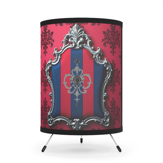 Elegant Tripod Lamp with Ornate Printed Shade | Vintage Home Decor, Table Lighting, Great for Bedrooms, - Blue & Red Striped Silver Crest