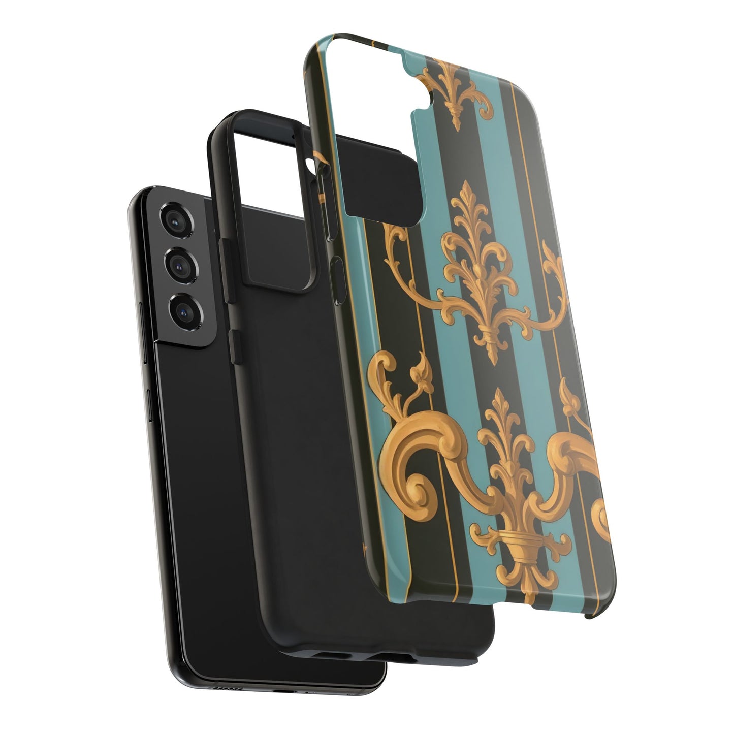 Elegant Baroque Tough Phone Case, Stylish Phone Cover, Durable iPhone Case, Unique Gift - Black & Turquoise Striped Baroque