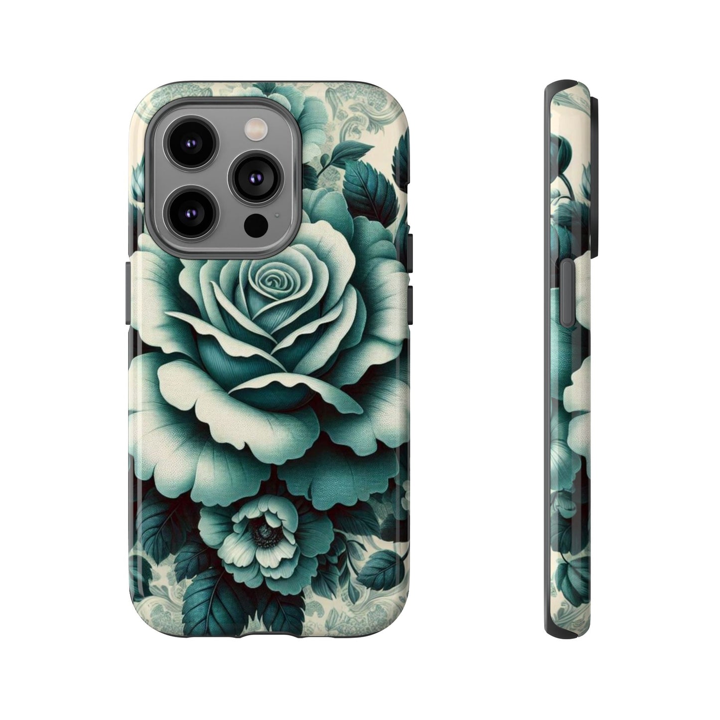 Elegant Floral Motif Phone Case - Tough Cases with Vintage Design - Teal Roses & Damask