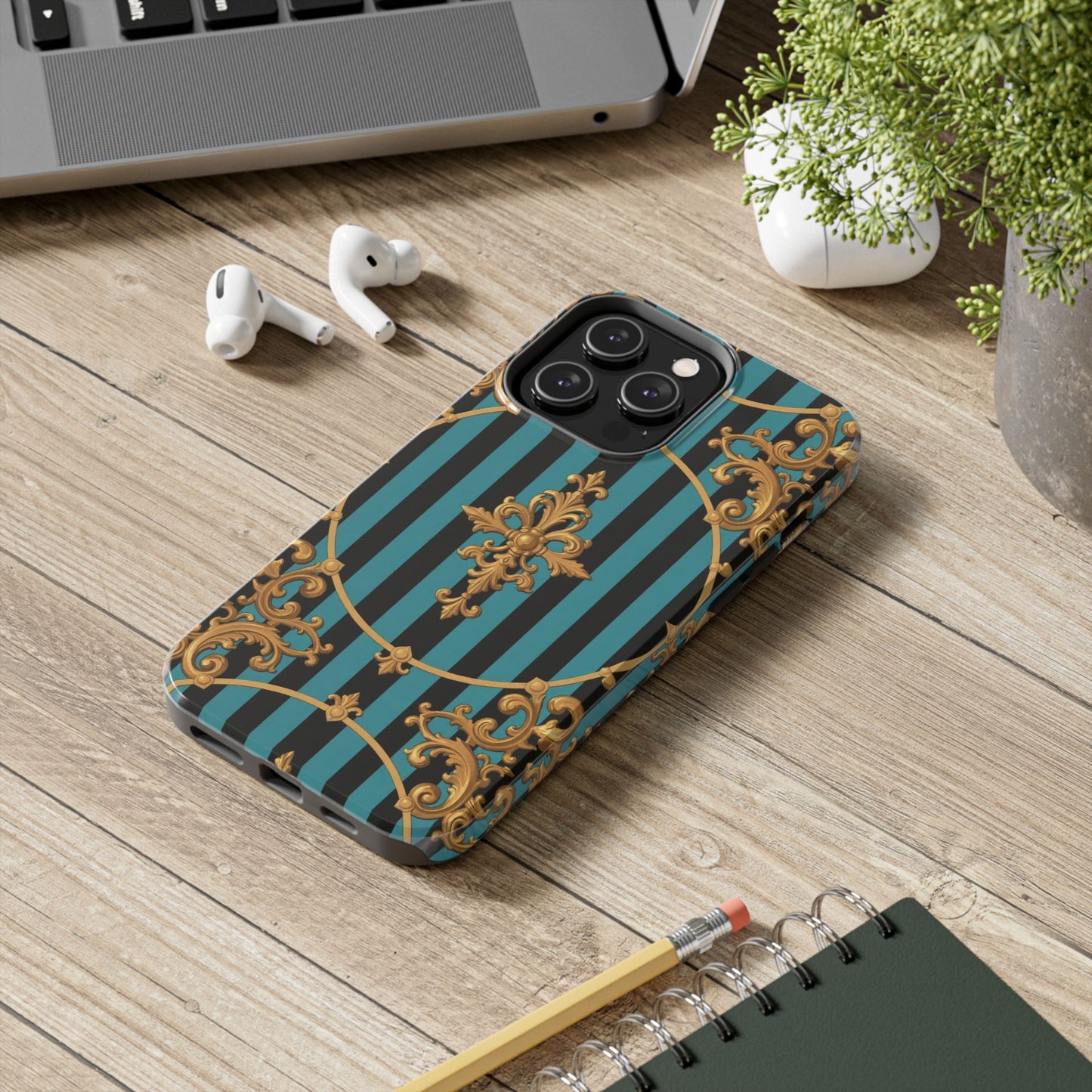 Elegant Turquoise & Black Striped Gold Baroque Phone Case, Tough Phone Cases for Fashion Lovers, Gift for Her, Luxury Accessories