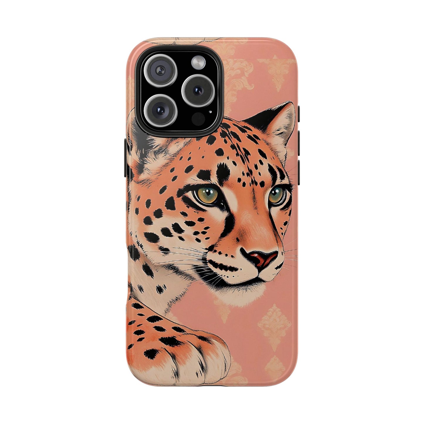 Leopard Tough Phone Case - Trendy Floral Motif Design for Animal Lovers - Peach Leopard & Damask