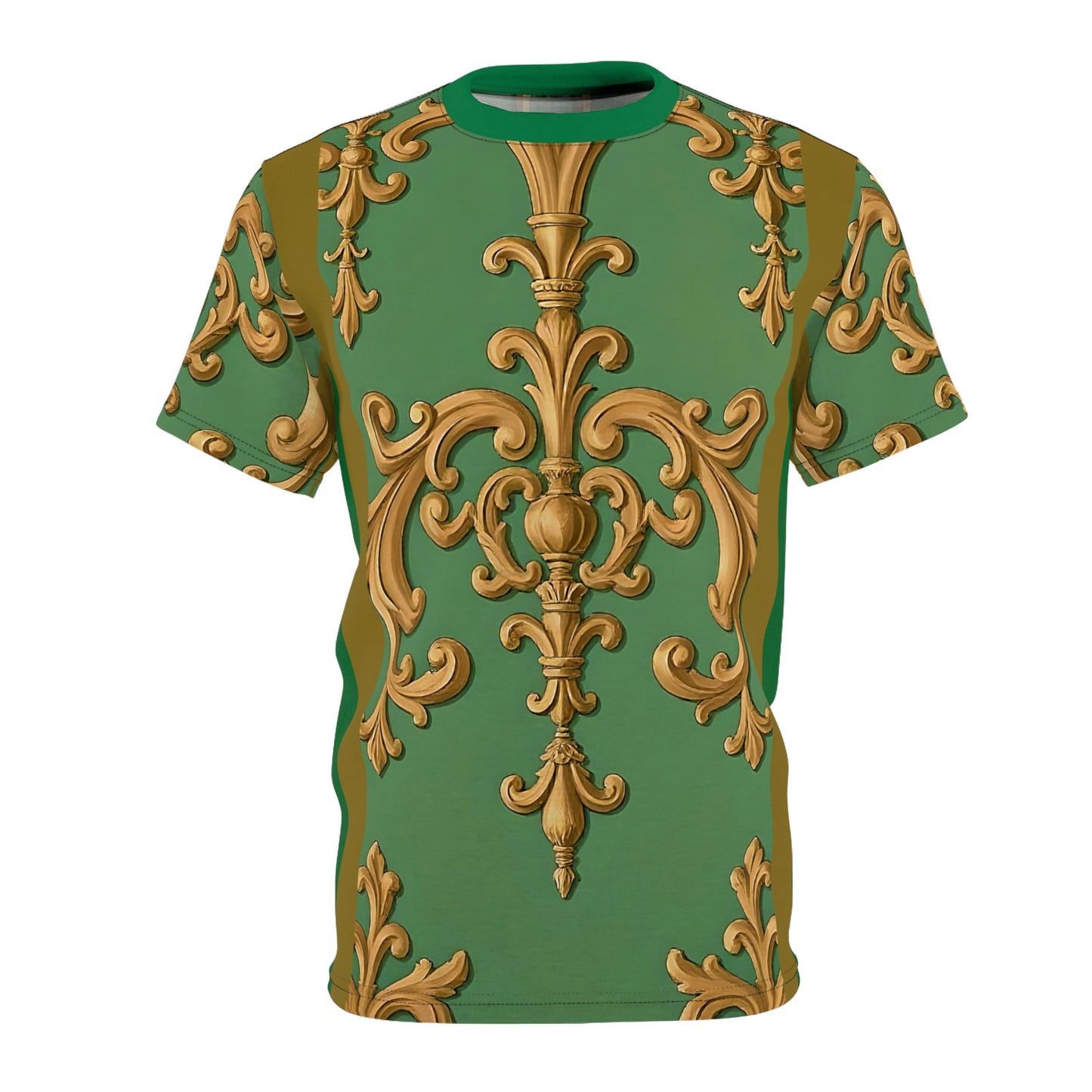 Elegant Baroque Pattern Unisex Tee, Vintage Aesthetic Shirt, Unique Casual Wear - Olive Green Striped Rococo