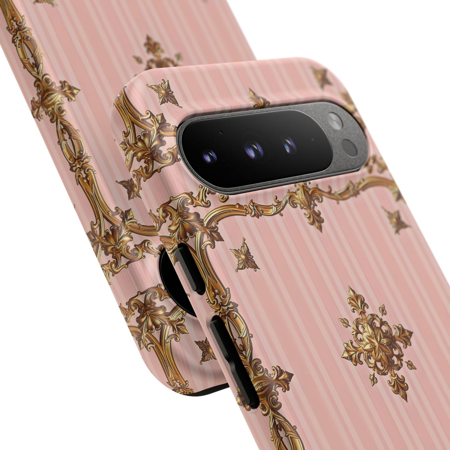 Elegant Floral Phone Case, Tough Cases for Women, Trendy Phone Cover, Chic Gift - Pink Striped Gold Baroque