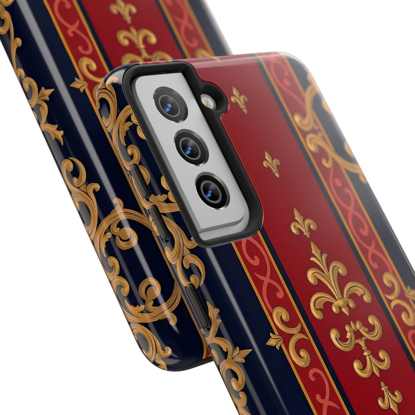 Elegant Vintage Phone Cases, Tough Phone Cover, Stylish Cell Phone Accessories, Durable Phone Protection - Midnight Blue & Dusk Red Gold Baroque