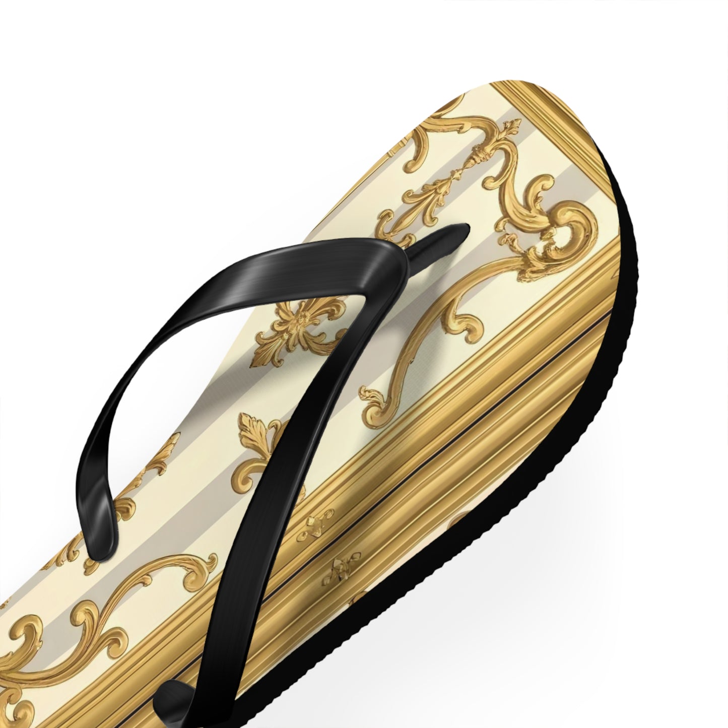 Chic Decorative Flip Flops for Beach, Summer Vibes, Vacation Footwear, Luxury Poolside Slippers - Matte Gray & Cream Striped Gold Baroque