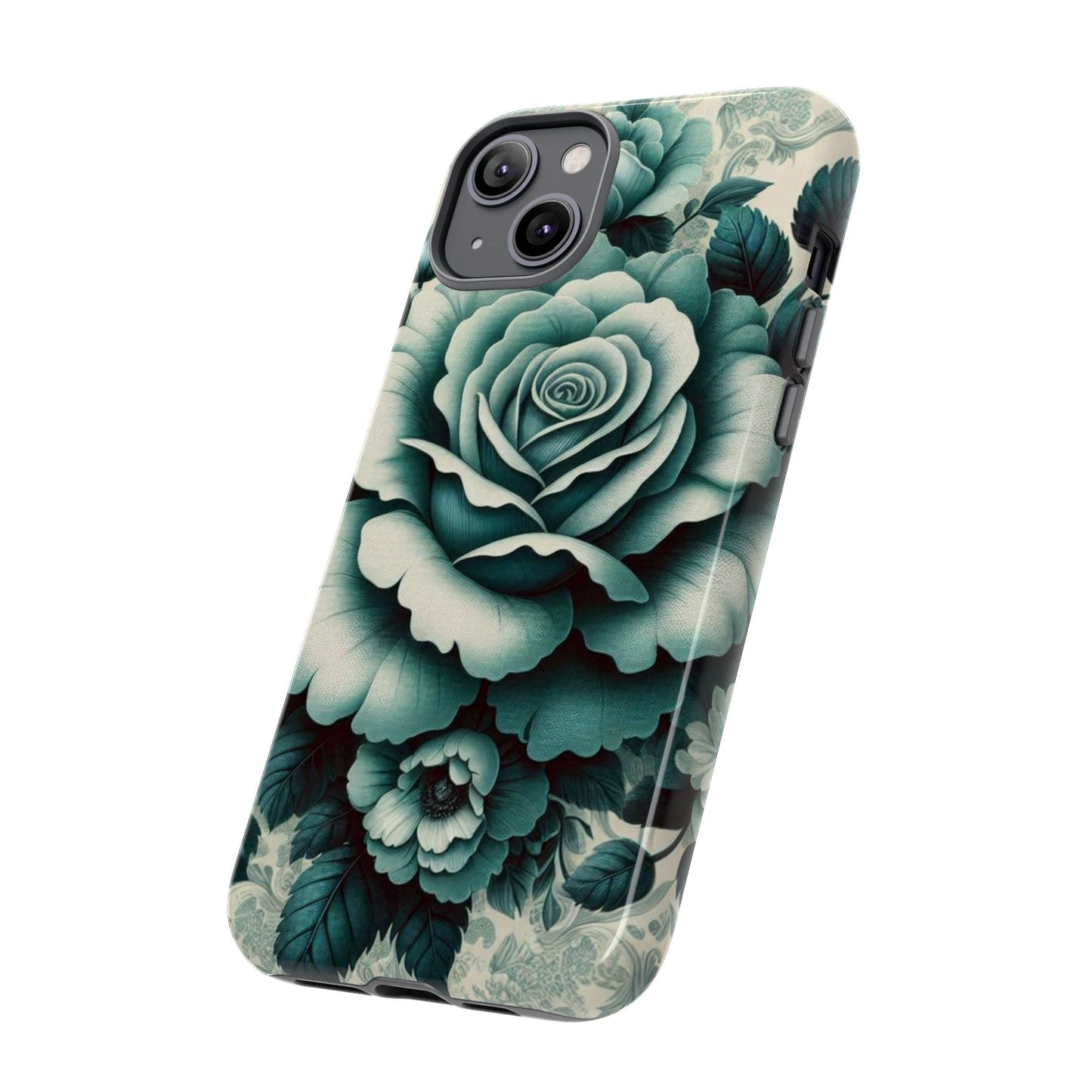 Elegant Floral Motif Phone Case - Tough Cases with Vintage Design - Teal Roses & Damask