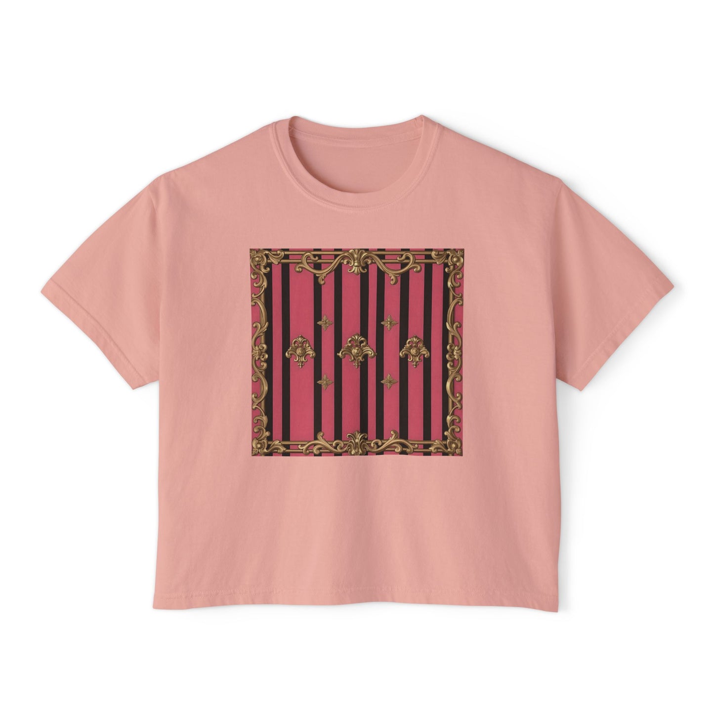 Chic Women's Boxy Tee with Vintage Floral Design, Casual Top, Summer Outfit, Gift for Her, Everyday Wear, Stylish Tee - Pink Striped Gold Rococo