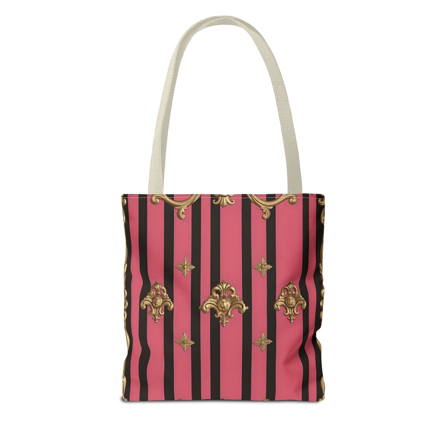 Chic Floral Tote Bag - Elegant Reusable Shopping Bag, Fashion Accessory, Gift for Her, Everyday Use, Eco-Friendly - Pink Striped Gold Rococo