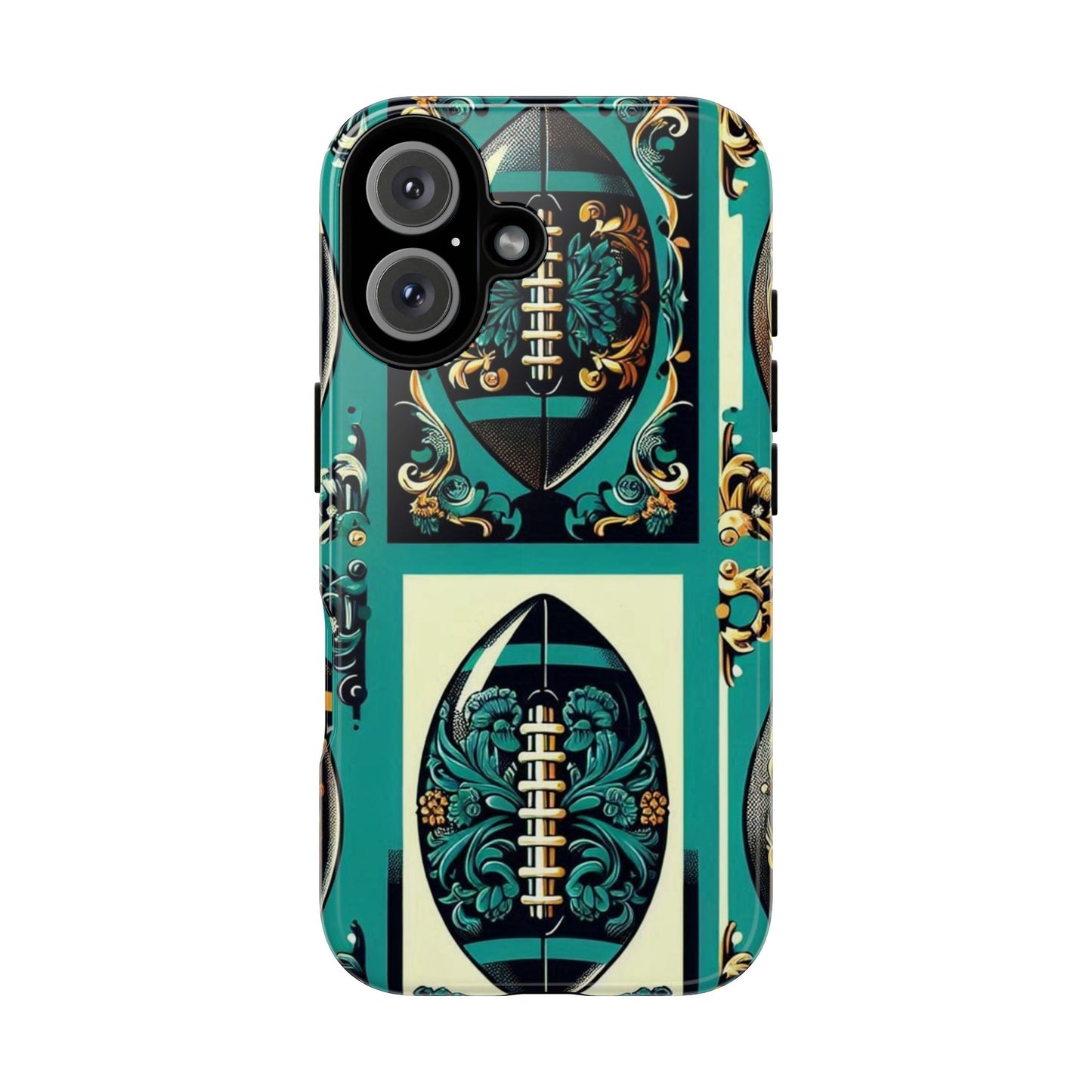 Elegant Floral Motif Phone Case - Tough Cases with Vintage Design -  Damask Teal, Gold & Black Footballs