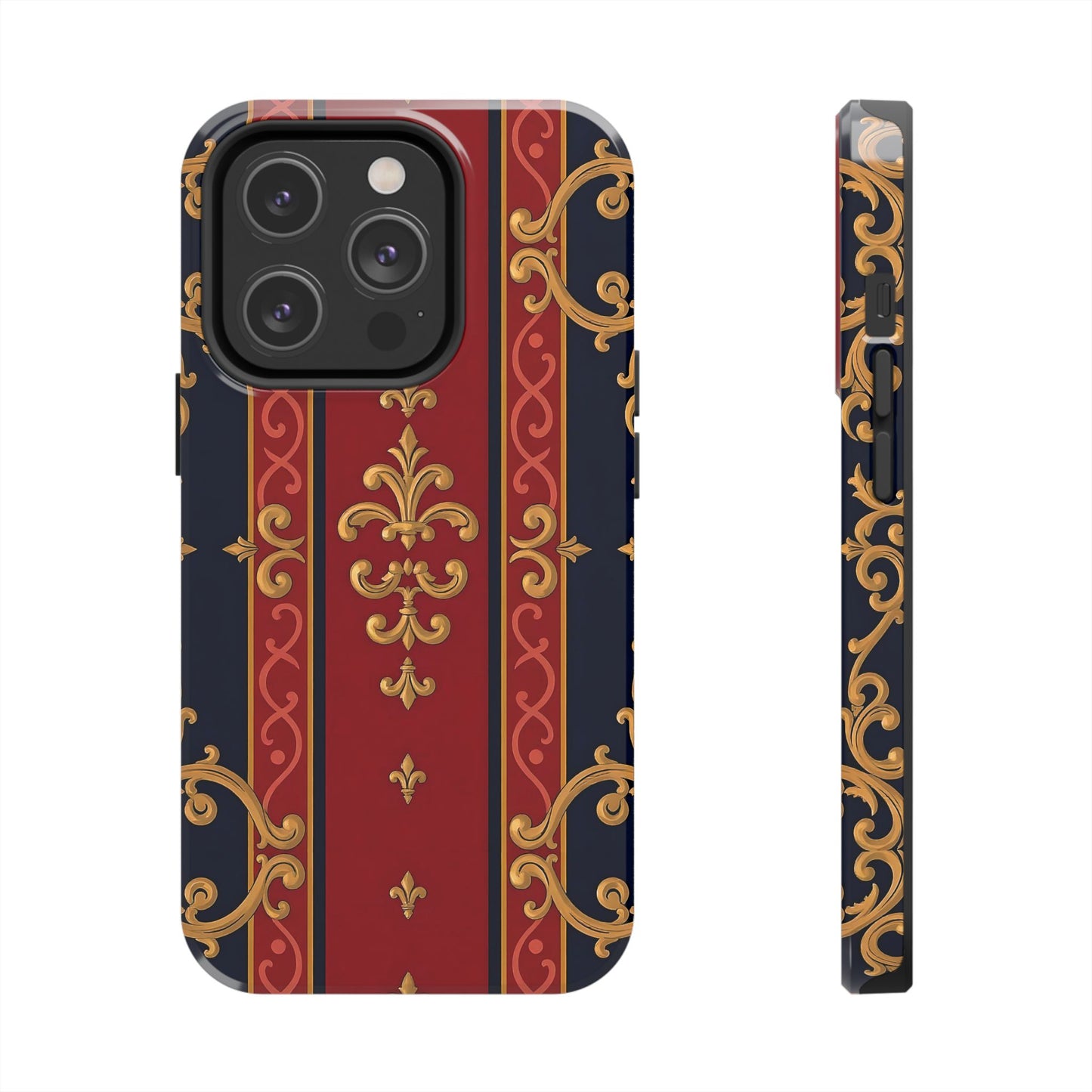 Elegant Vintage Phone Cases, Tough Phone Cover, Stylish Cell Phone Accessories, Durable Phone Protection - Midnight Blue & Dusk Red Gold Baroque