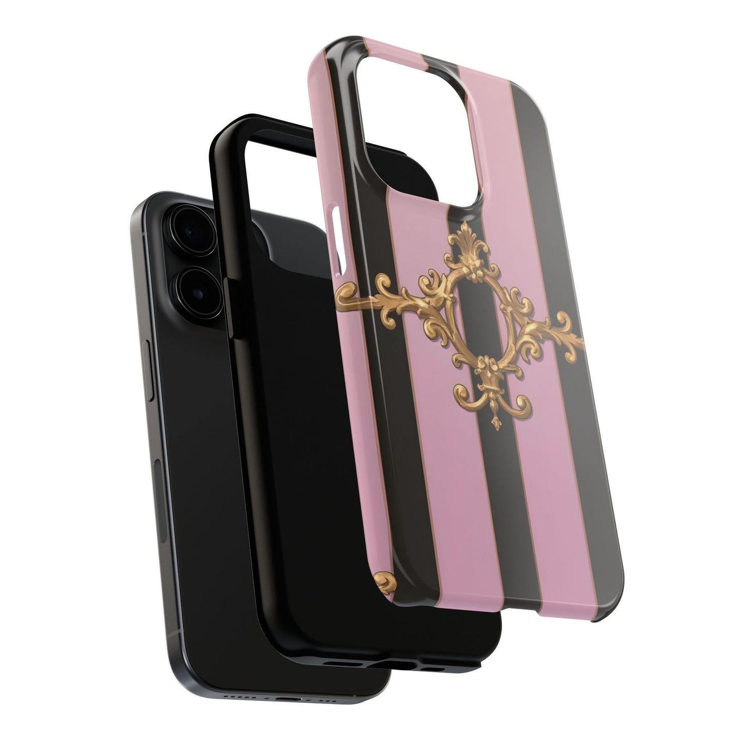Stylish Tough Phone Case for Elegant Protection, Fashionable Accessories, Smartphone Cover - Matte Lavender & Black Striped Gold Baroque
