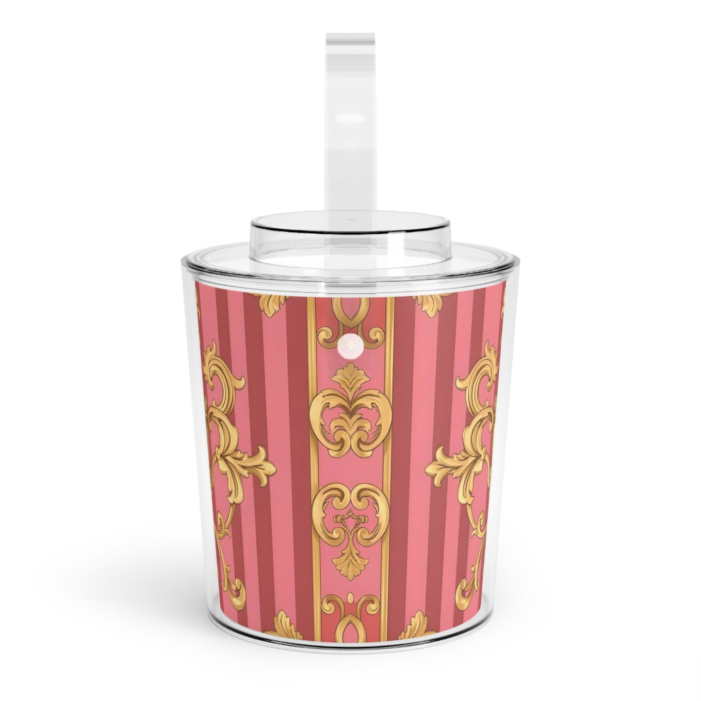 Elegant Pink Decorative Ice Bucket with Tongs | Perfect for Parties, Weddings, and Home Decor - Pink Striped Gold Baroque