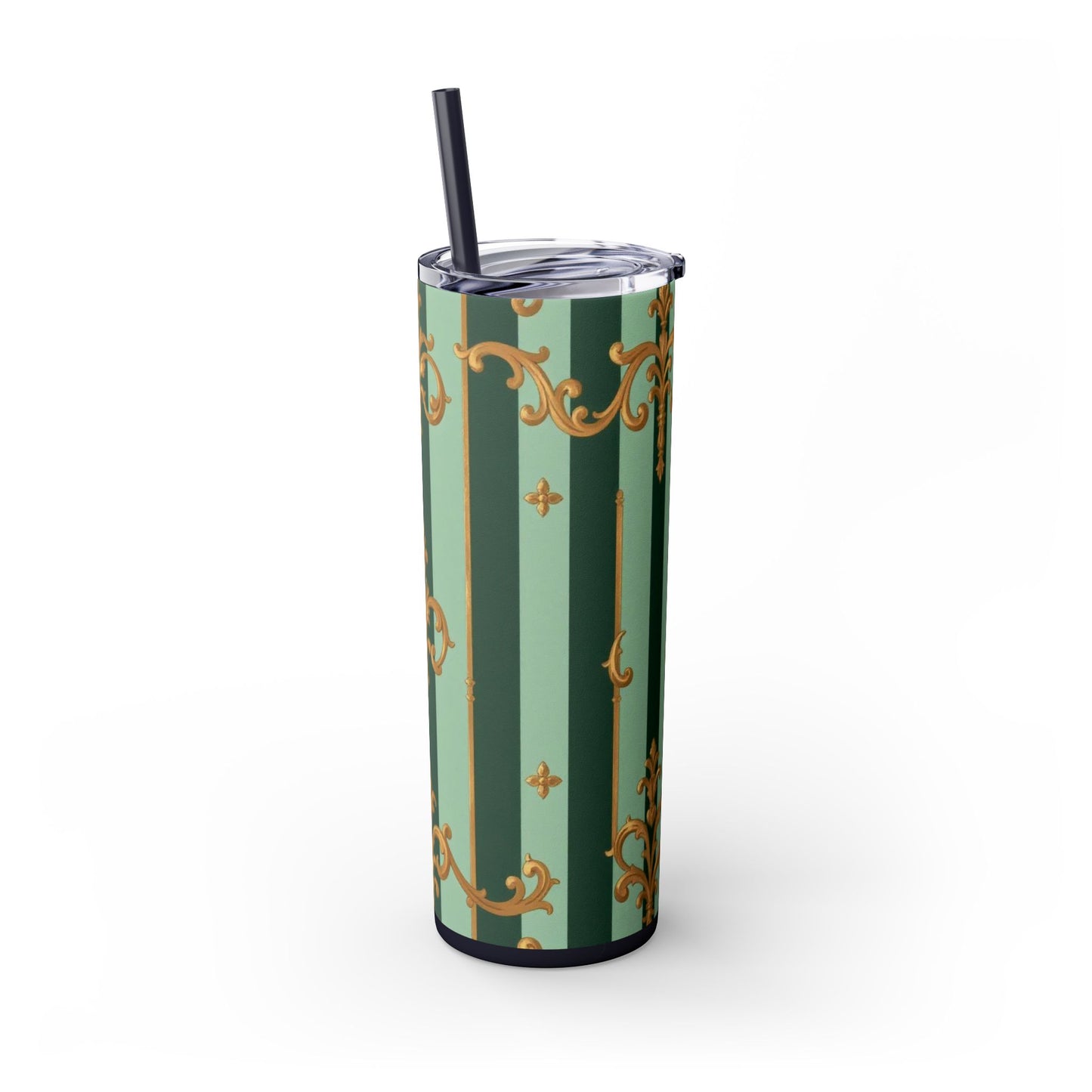 Elegant Floral Skinny Tumbler with Straw, 20oz – Stylish Travel Mug, Eco-Friendly Reusable Cup - Mint Green & Teal Striped Gold Baroque