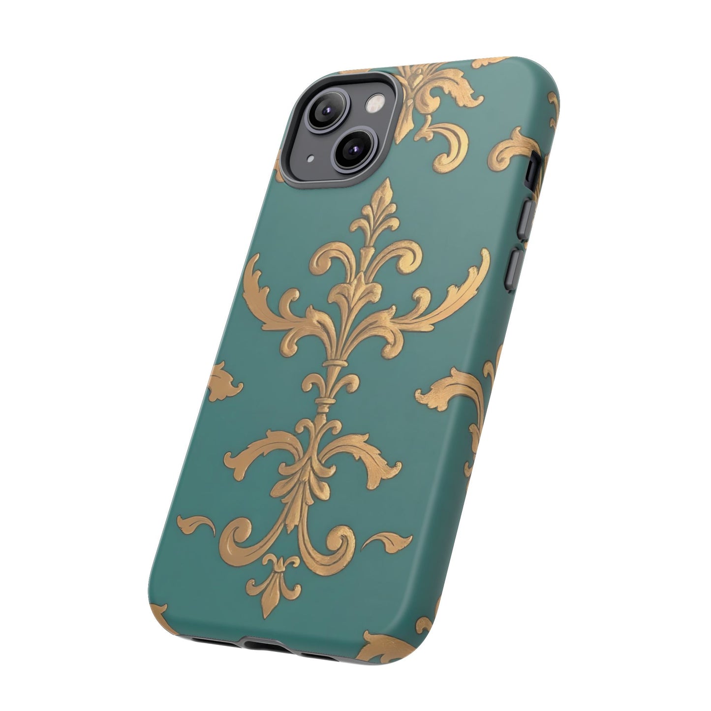 Elegant Floral Motif Phone Case - Tough Cases with Vintage Design - Aqua & Gold Damask