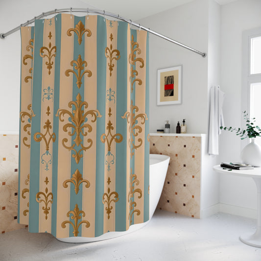 Elegant Vintage Floral Shower Curtain - Luxurious Home Décor for Classy Bathrooms -  Beige & Sky Blue Striped Gold Damask