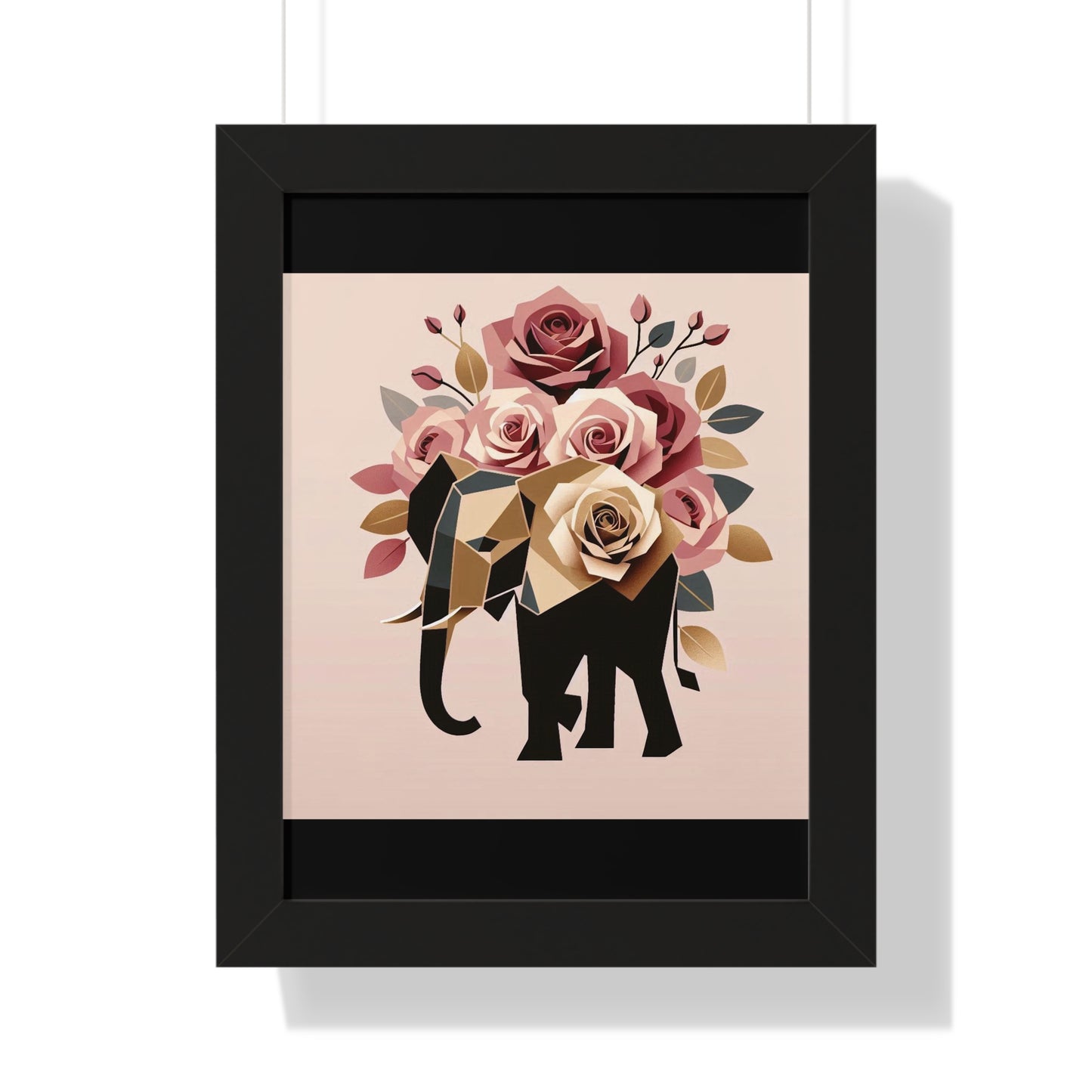 Vertical Poster - Black & Gold Elephant & Roses Wall Art