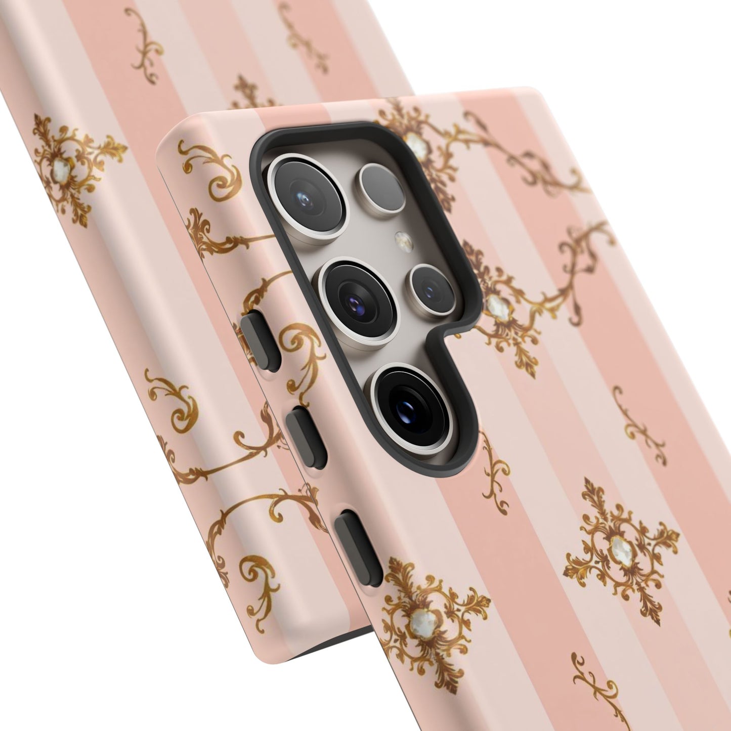 Elegant Floral Phone Case, Tough Cases for Women, Trendy Phone Cover, Chic Gift - Pink Jeweled Striped Gold Baroque