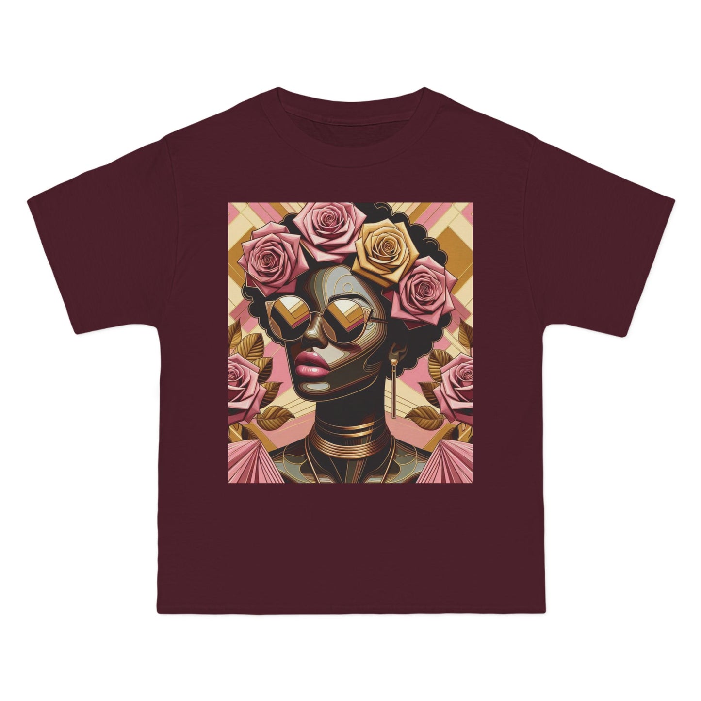 Artistic Floral Feminine T-Shirt, Stylish Tee with Mixed Media Design, Vibrant Short-Sleeve Top, Trendy Casual Wear - Pink Roses Lady