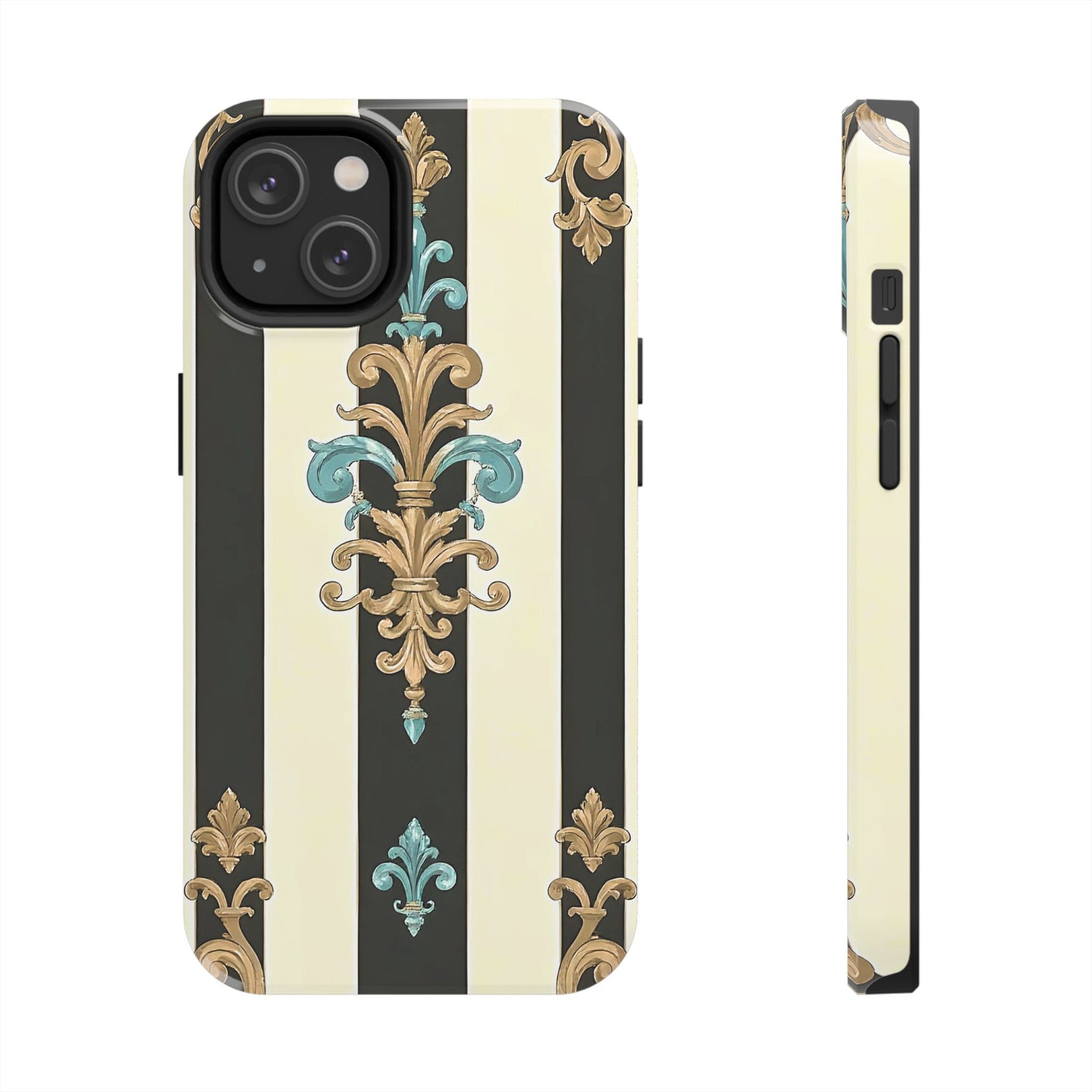 Elegant Vintage Tough Phone Cases, Stylish Phone Accessories, Quality Protection, Gifts for Her - Black Striped Turquoise & Black Rococo