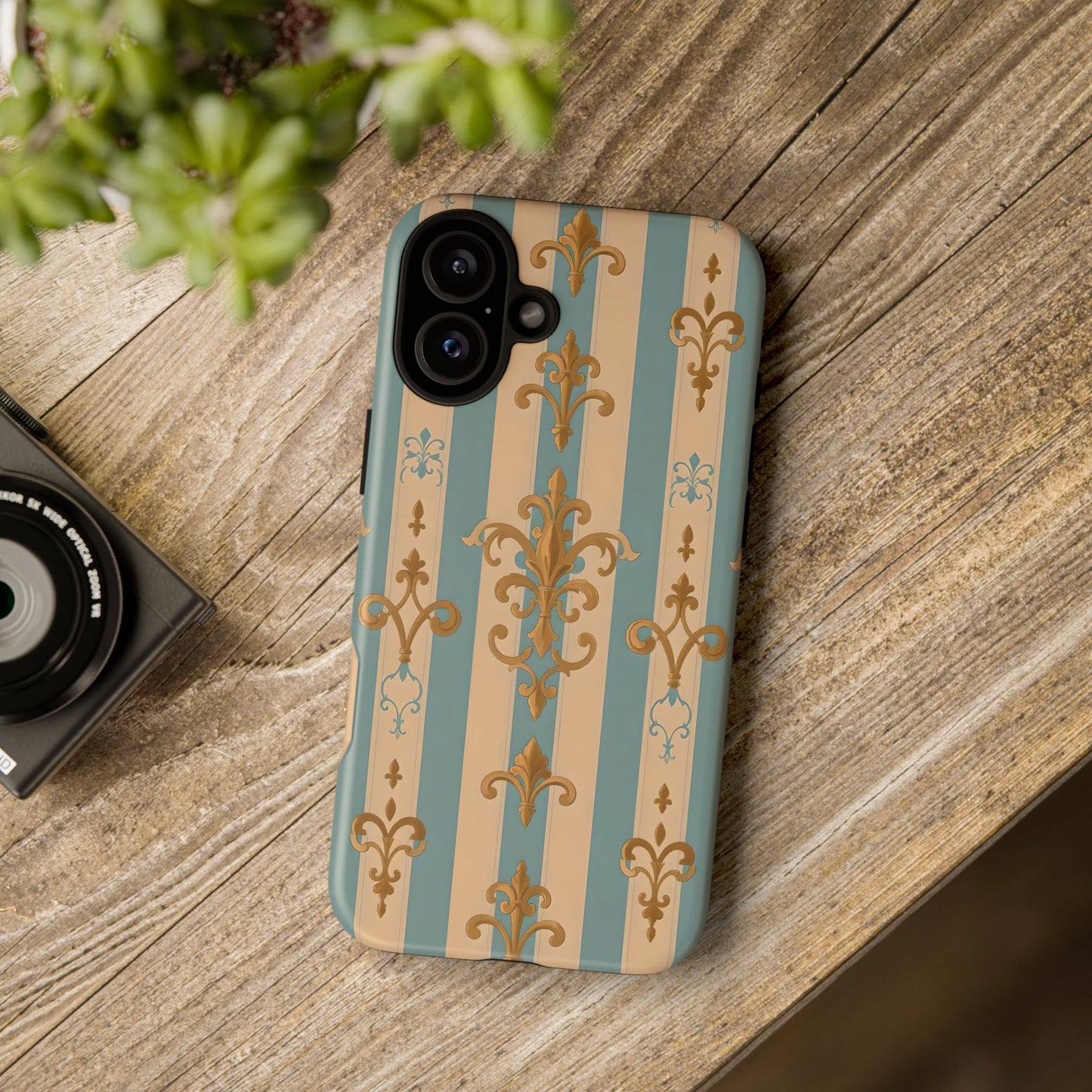 Elegant Floral Motif Phone Case - Tough Cases with Vintage Design -  Beige & Sky Blue Striped Gold Damask