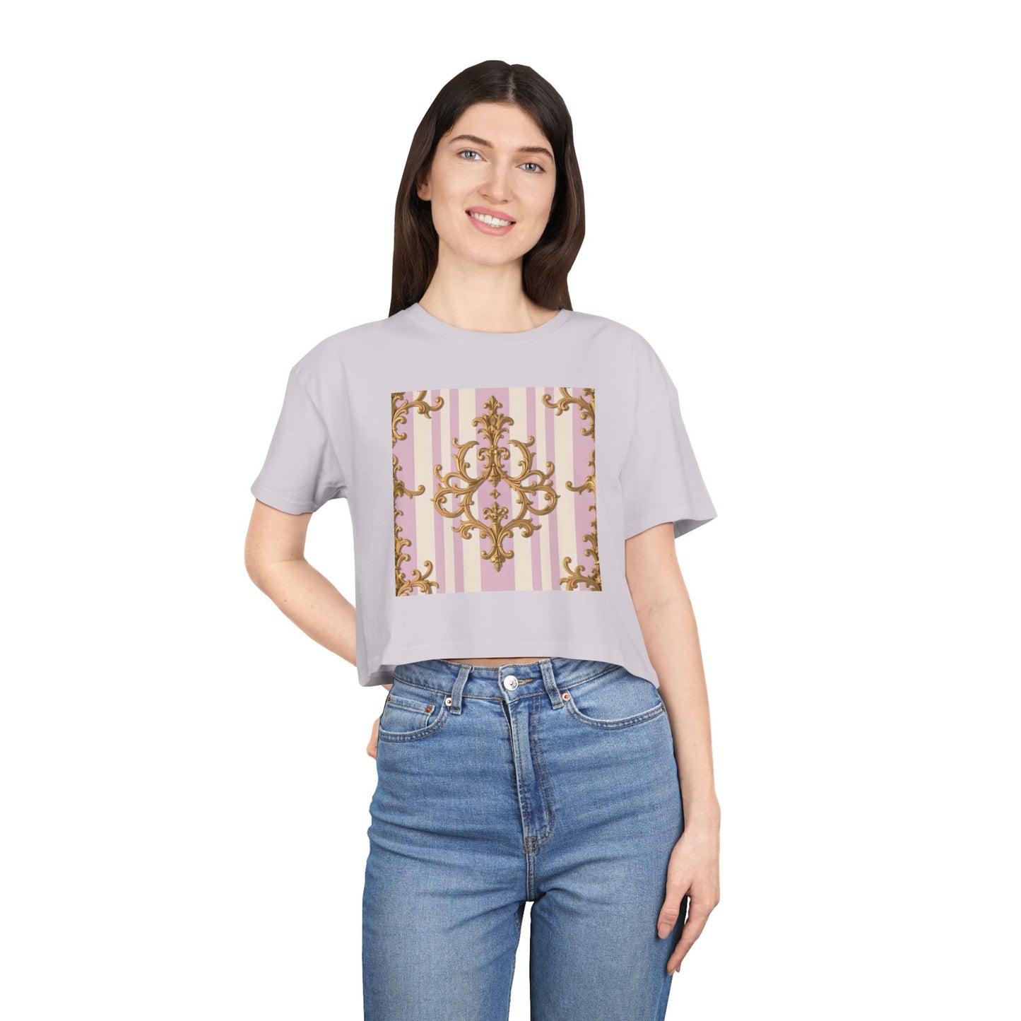 Chic Women's Crop Tee with Elegant Pink and Gold Design, Fashion Tee, Summer Style, Gift for Her - Lilac & Alabaster Striped Gold Baroque