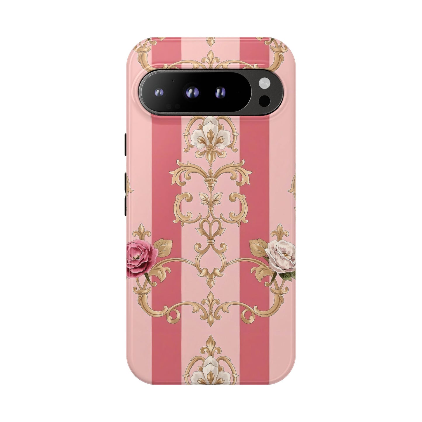 Elegant Floral Motif Phone Case - Tough Cases with Vintage Design - Pink Striped Roses & Damask