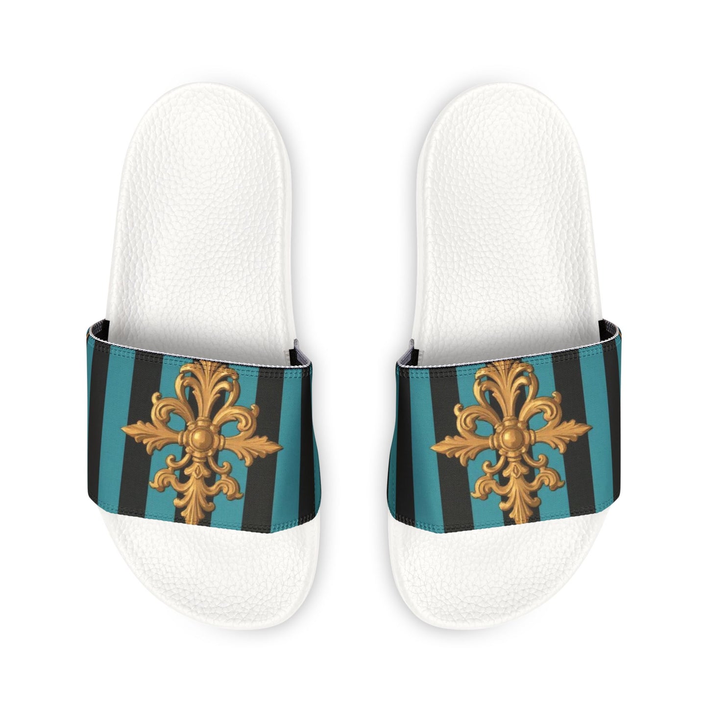 Stylish Turquoise & Black Striped Gold Baroque Removable-Strap Sandals with Elegant Design, Fashion Footwear for Summer, Beach, Vacation