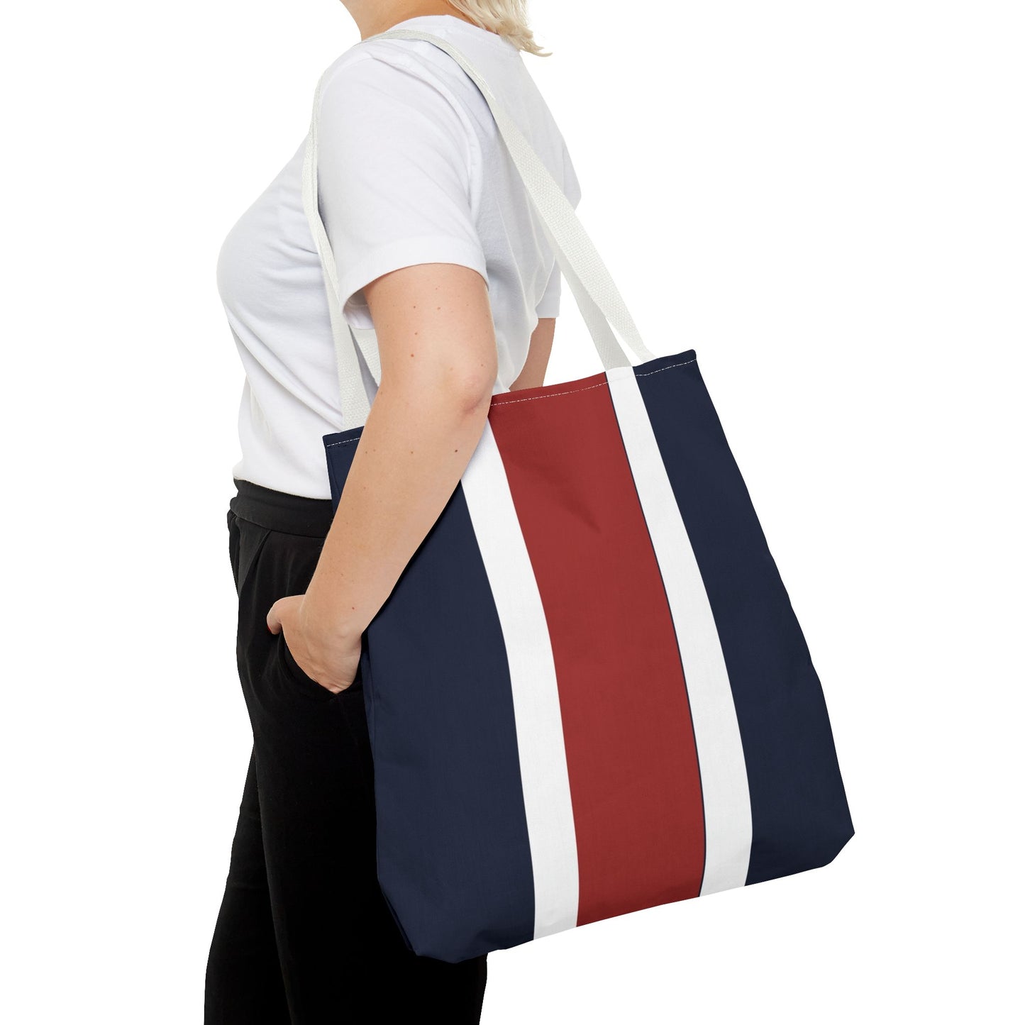 Lunar Midnight & Red-White Striped Tote Bag, Summer Beach Bag, Casual Shopping Tote, Patriotic Gift for Her, Travel Accessory