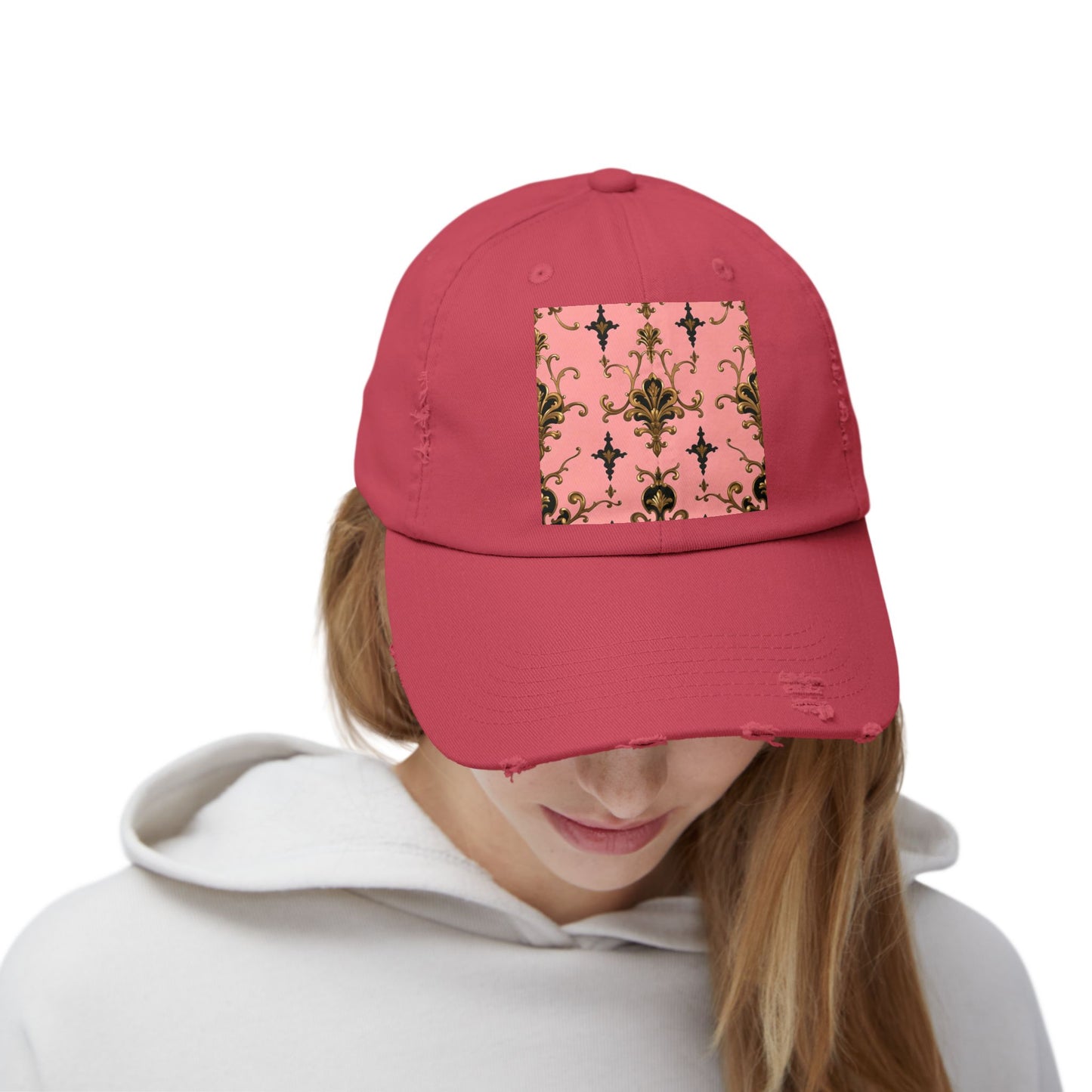 Chic Distressed Cap, Fashionable Baseball Hat, Casual Summer Headwear - Pink, Black & Gold Rococo