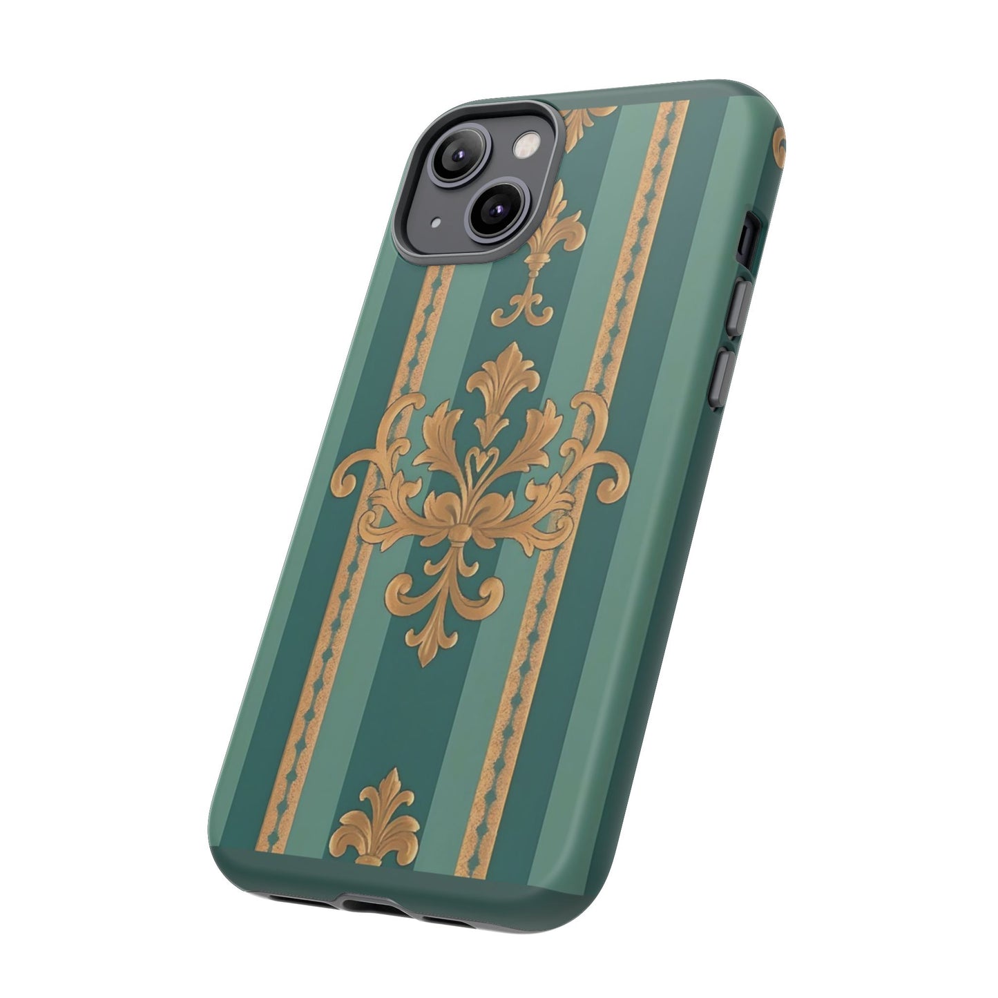 Elegant Floral Motif Phone Case - Tough Cases with Vintage Design - Teal Striped Gold Damask