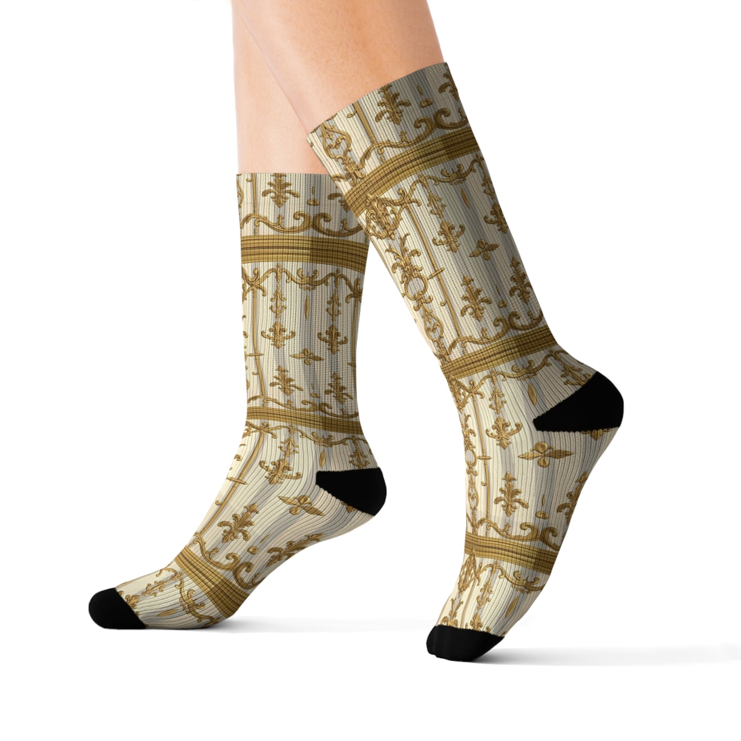 Stylish Sublimation Socks with Elegant Pattern, Unique Gift for Fashion Lovers, Cozy Fashion Statement - Matte Gray & Cream Striped Gold Baroque
