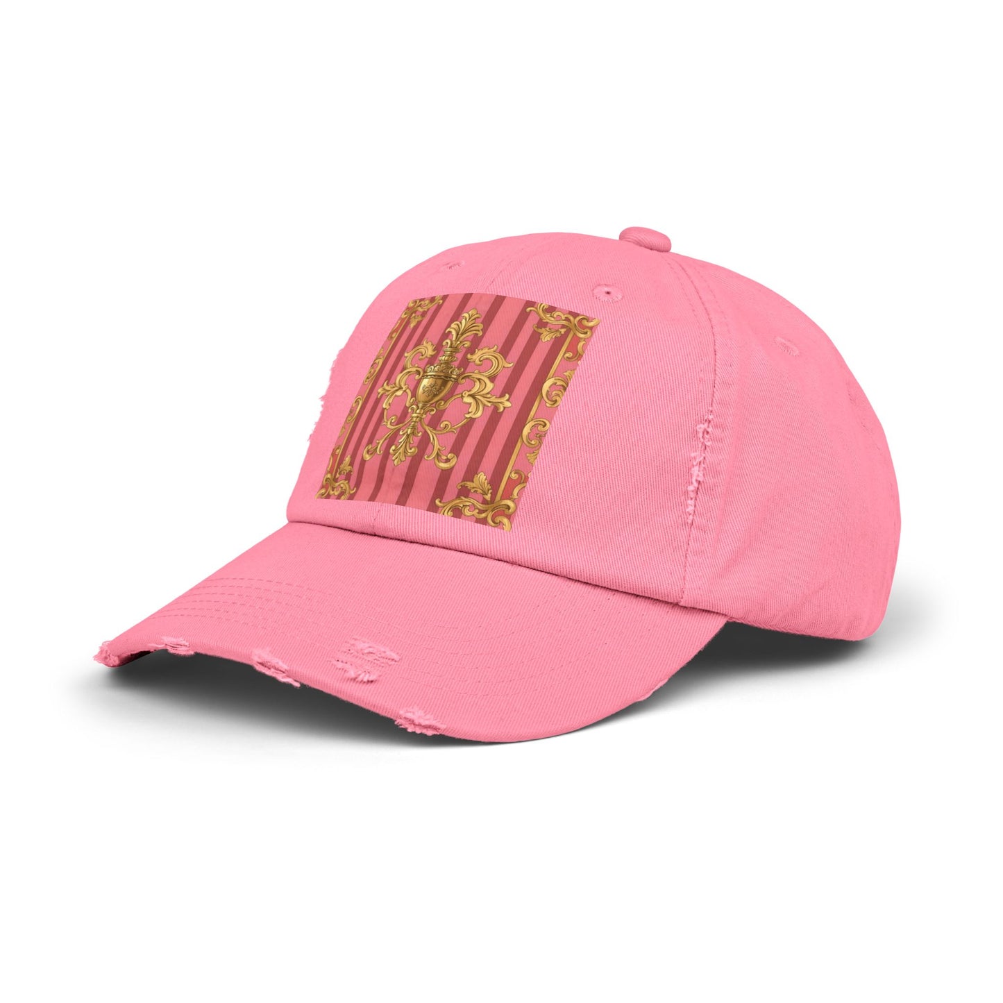 Chic Distressed Unisex Cap - Trendy Accessories for Style Lovers, Everyday Wear, Fashion Statement, Birthday Gift - Pink Striped Gold Baroque