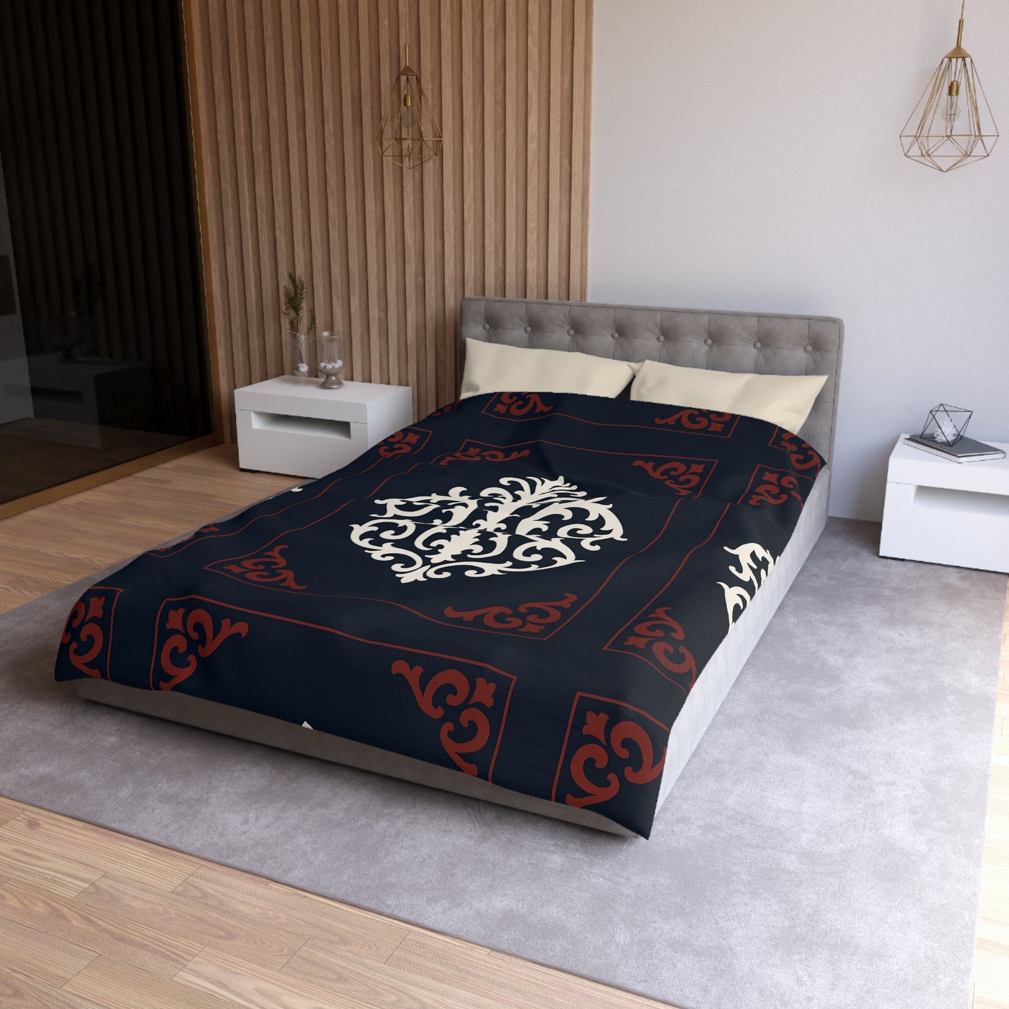 Dusk Blue-Maroon & White Baroque Microfiber Duvet Cover — Dusk Blue & White Decorative Bedding