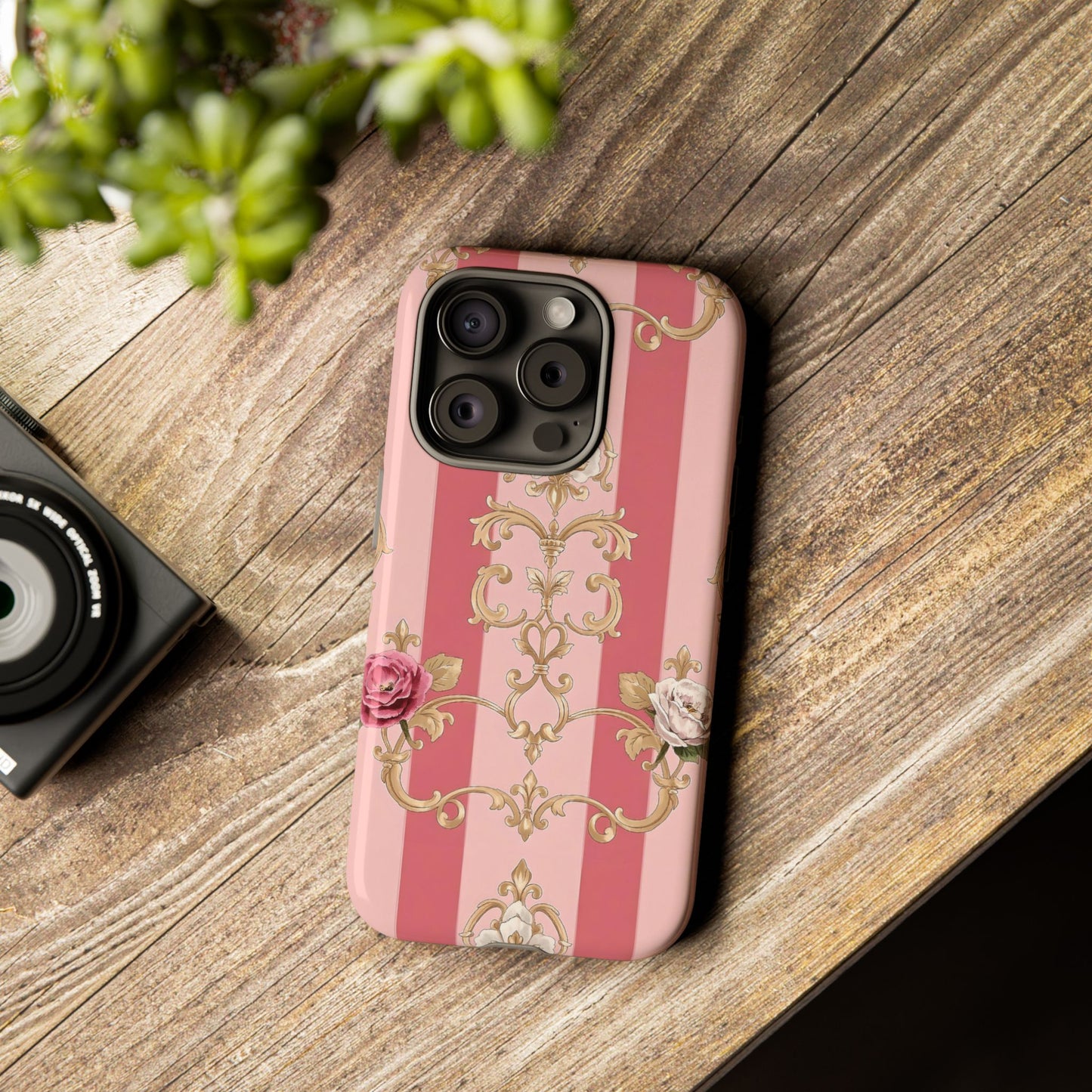 Elegant Floral Motif Phone Case - Tough Cases with Vintage Design - Pink Striped Roses & Damask