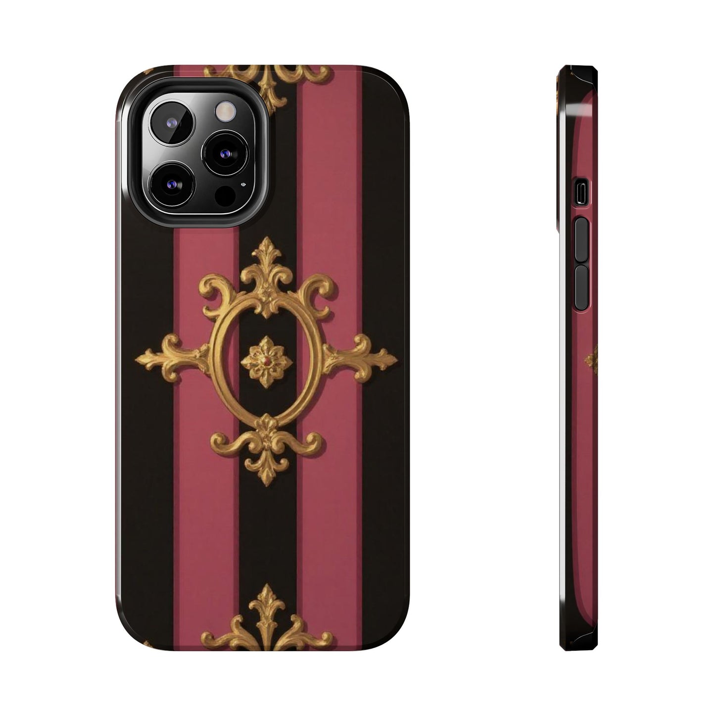 Elegant Black & Mauve Striped Gold Baroque Tough Phone Cases, Luxe Phone Covers, Fashionable Mobile Cases, Gift for Her, Holiday Phone Accessories
