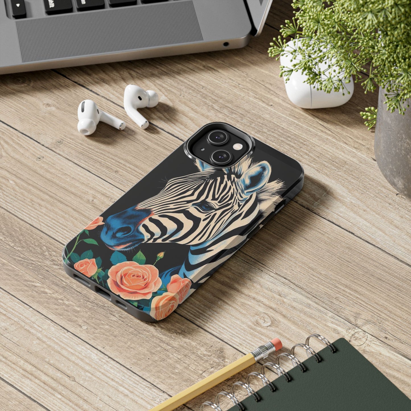 Zebra Tough Phone Case - Trendy Floral Design for Animal Lovers - Blue Zebra & Roses