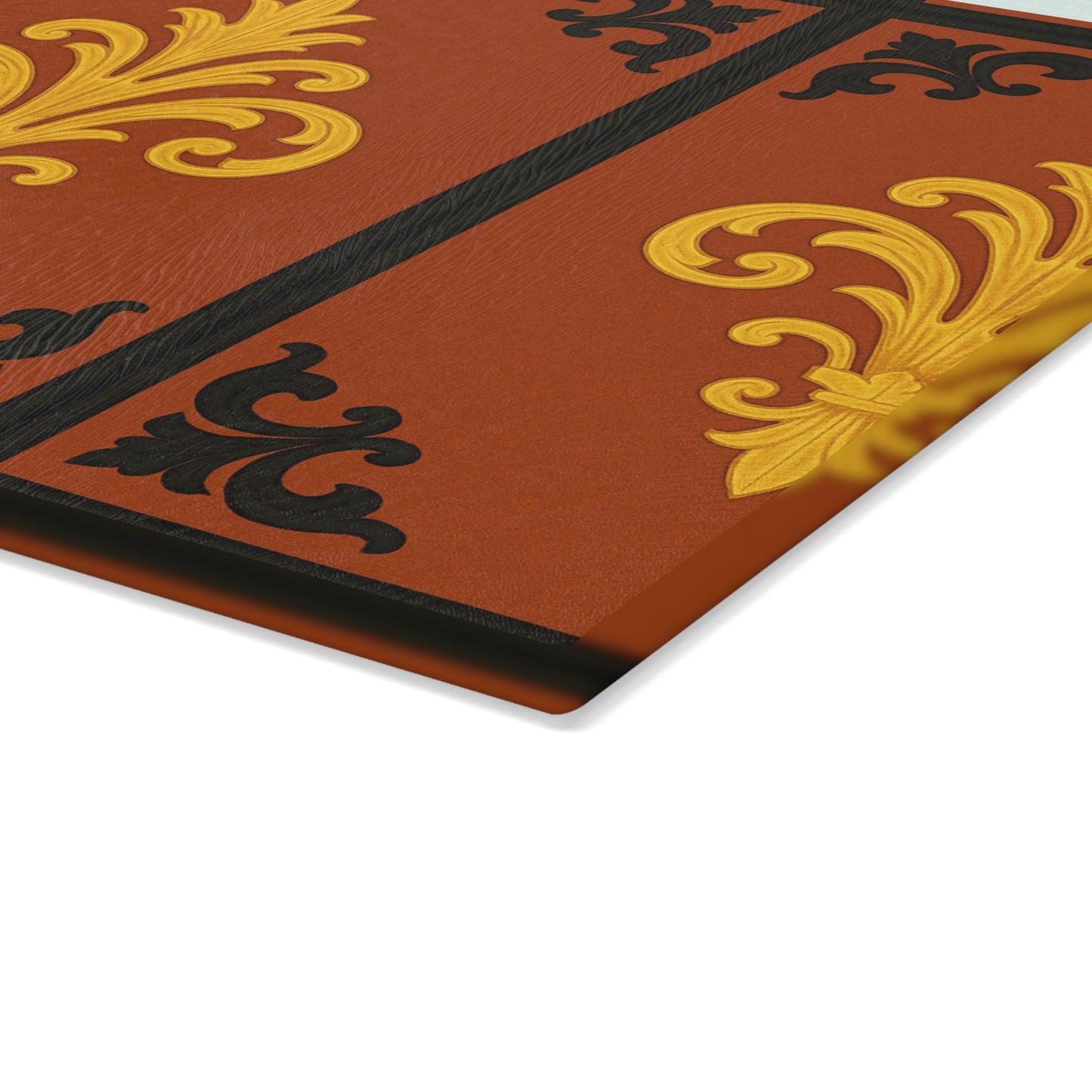 Dusk Terracotta Baroque Glass Cutting Board with Ornate Gold Baroque Design — Decorative Kitchen Serving Board