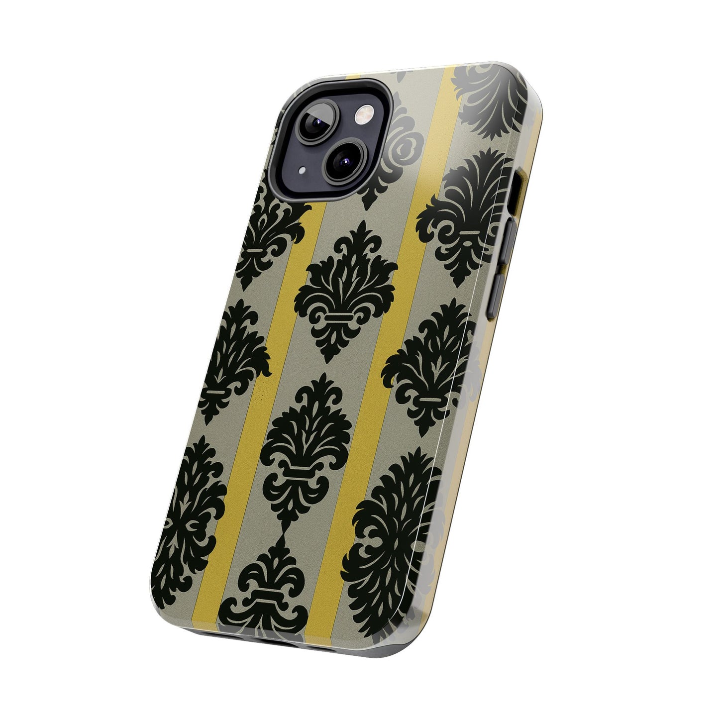 Elegant Baroque Tough Phone Cases | Chic Phone Protection | Gift for Her | Stylish Accessory | Holiday Gift Idea | Silver & Gold Striped Black Baroque