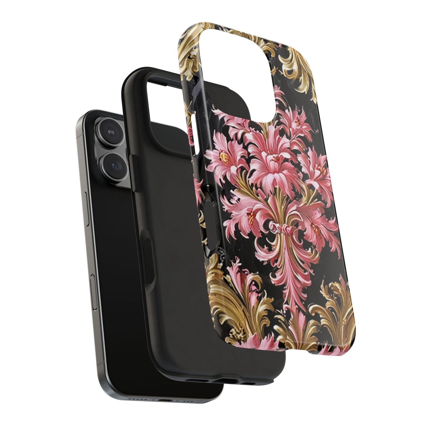Elegant Floral Tough Phone Cases | Stylish Protection for Her | Gift for Birthdays - Black & Pink Oil Painting Style Rococo