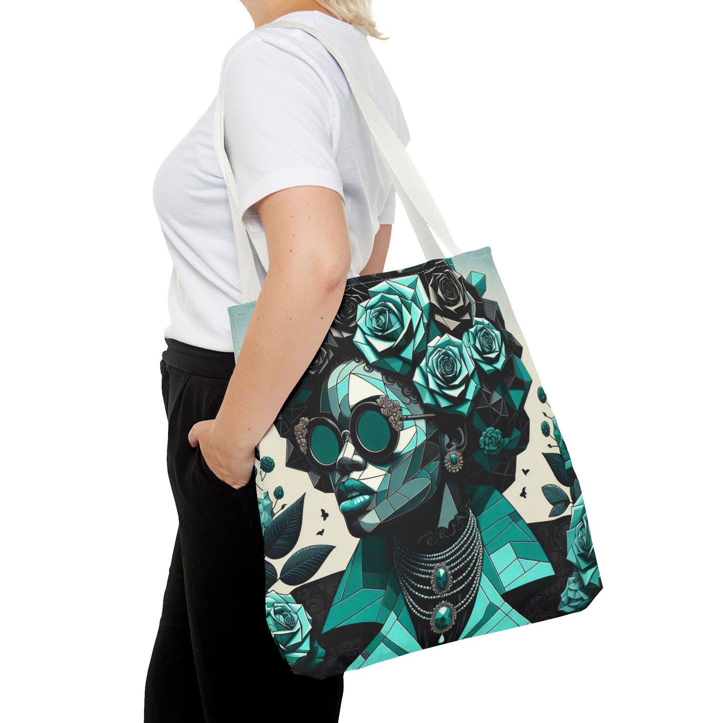 Chic Floral Tote Bag - Stylish Eco-Friendly Handbag for Everyday Use, Perfect for Gifts, Shopping, Beach, Art Lovers - Turquoise & Black Roses Lady
